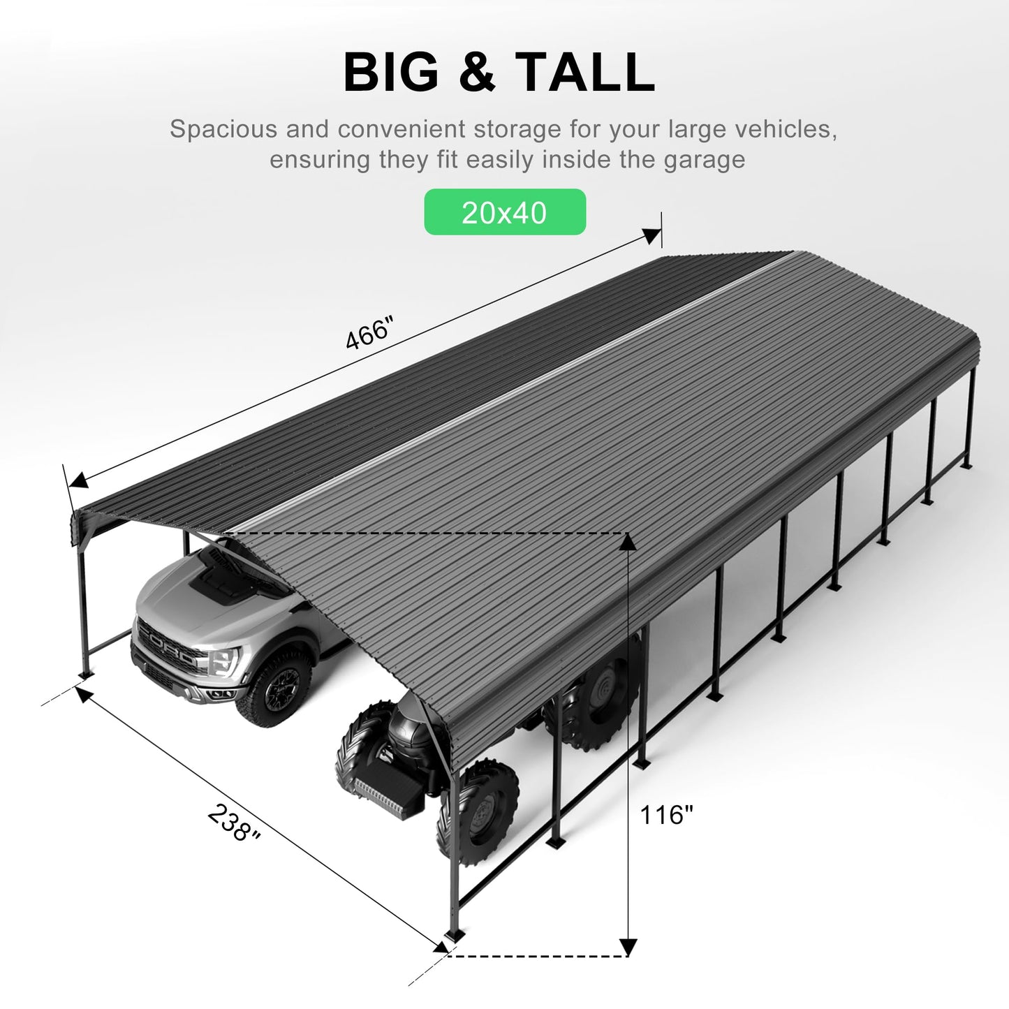 PABIMIA 20x40 Heavy-Duty Metal Carport, Galvanized Steel Shelter for Pickup Trucks, Boats, Cars & Tractors, All Weather Protection Outdoor Vehicle Cover