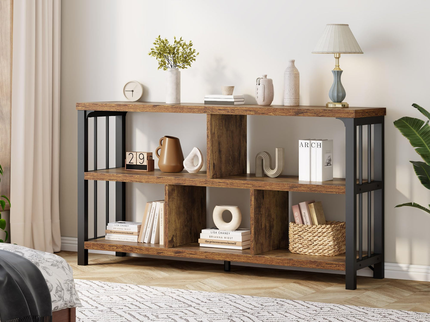 IBF Farmhouse 3 Tier Open Book Shelf, Wood and Metal 5 Cube Storage Organizer, Modern Low Horizontal Bookshelf for Bedroom Living, Long Wide Office Cubby Bookcase with Storage, Rustic Brown, 47 Inch