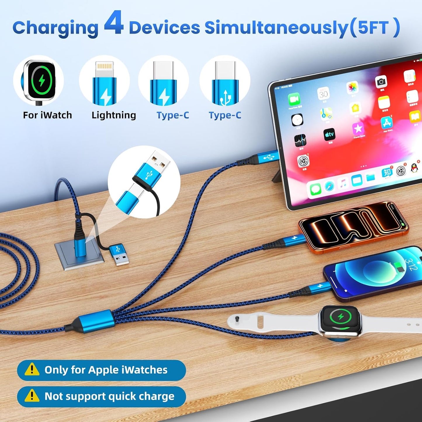 Jogrytece 4 2 17-11/Pod/Android, 5FT Multi Charging Cable for iPhone Watch Charger, in USB A/C Phone Charger Cord