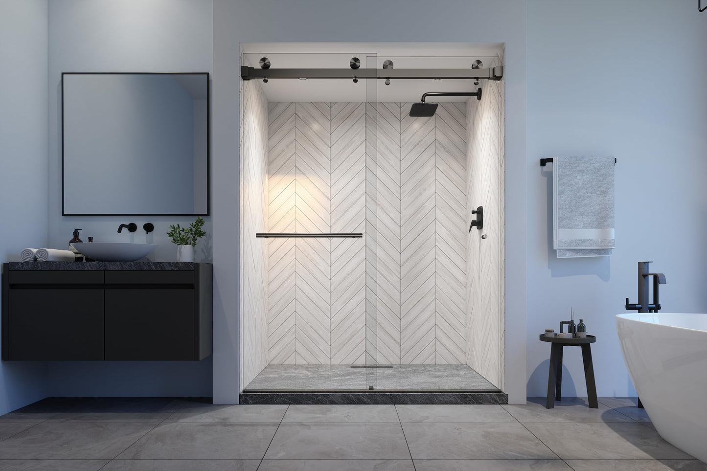 Eurotech Showers VITRA-200 56.5-59" W x 78" H Frameless Shower Door, Double Sliding with 3/8" Clear Tempered Glass (Matte Black)