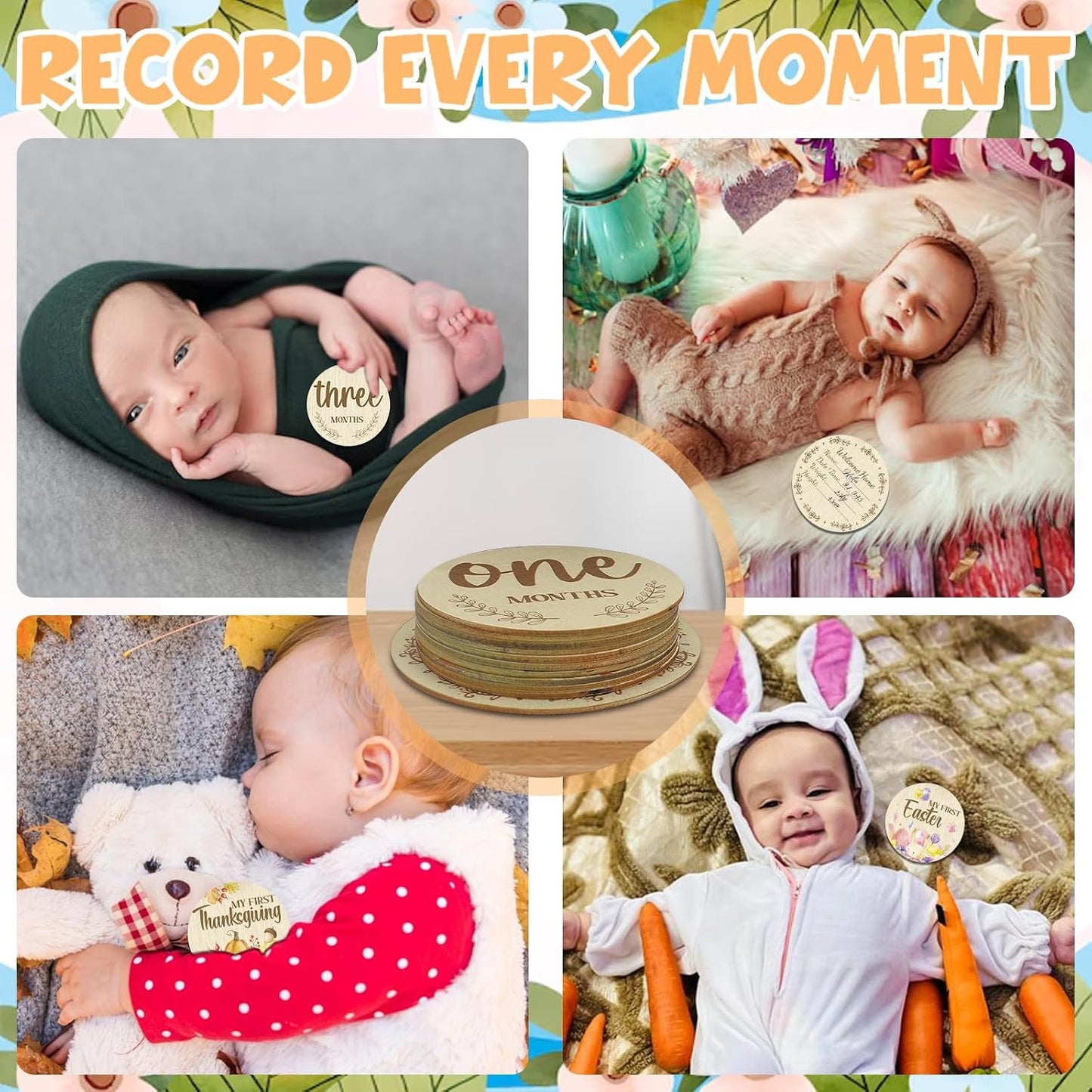 Threetols 11PCS Wooden Baby Monthly Milestone Cards Sign, Double Sided Newborn Photography Prop Pregnancy Journey Baby