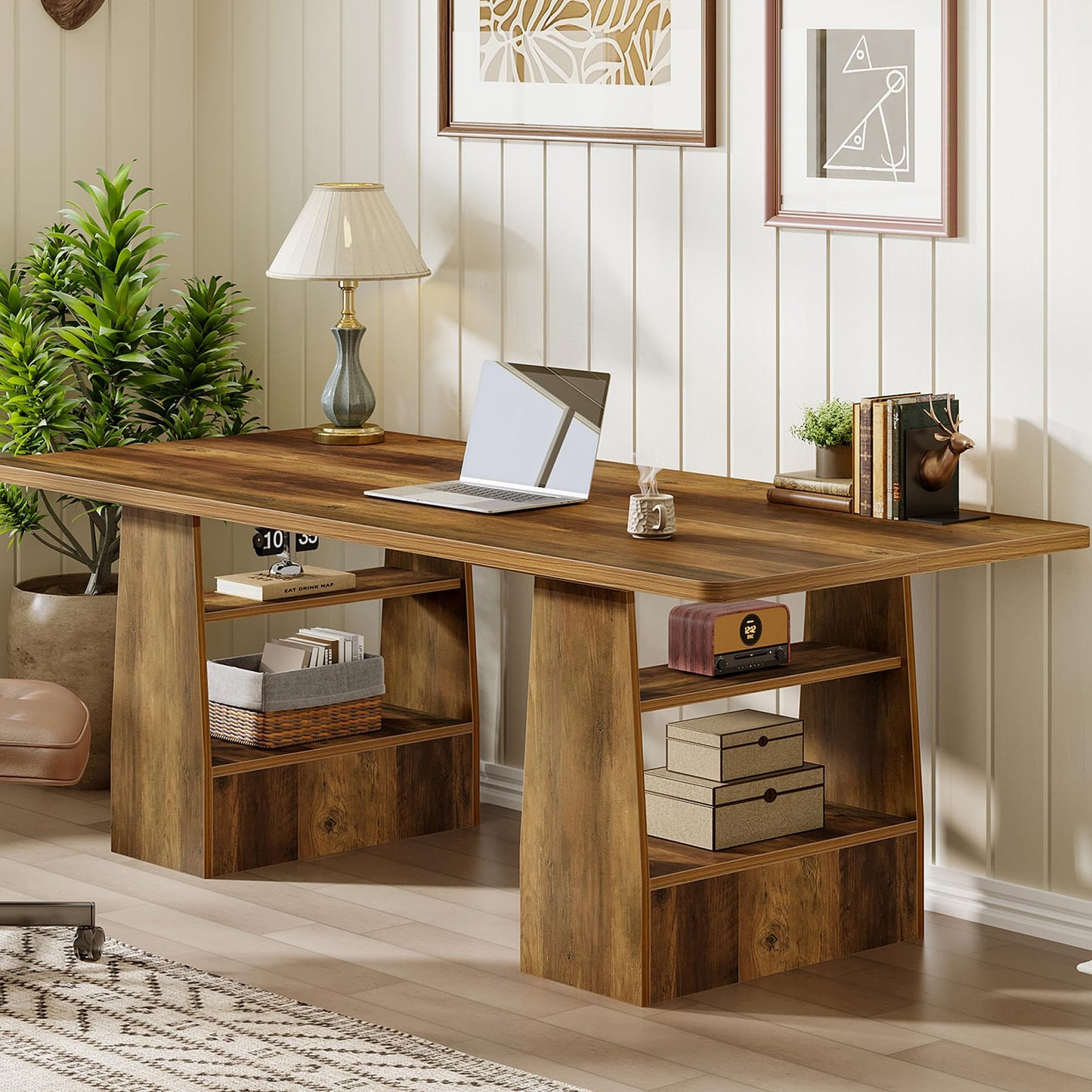 Tribesigns 63 Inch Executive Desk with 4 Storage Shelves, Office Desk with Faux Natural Textured, Large Wooden Computer Writing Table Business Furniture for Home Office (Brown)