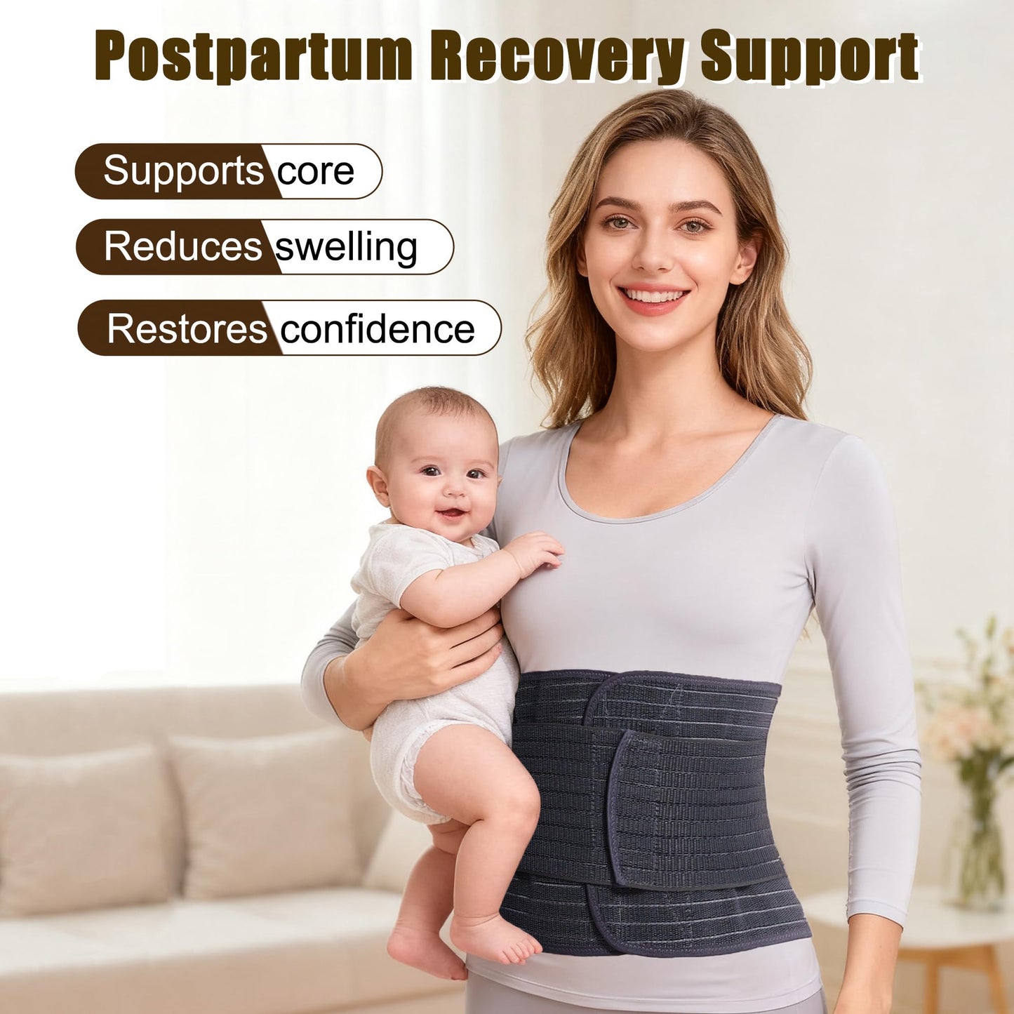 Reian Belly Band, Postpartum Essentials for Natural and C-Section Recovery, Adjustable Compression Wrap, After Birth Support Brace, Abdominal BInder (Black, Large)