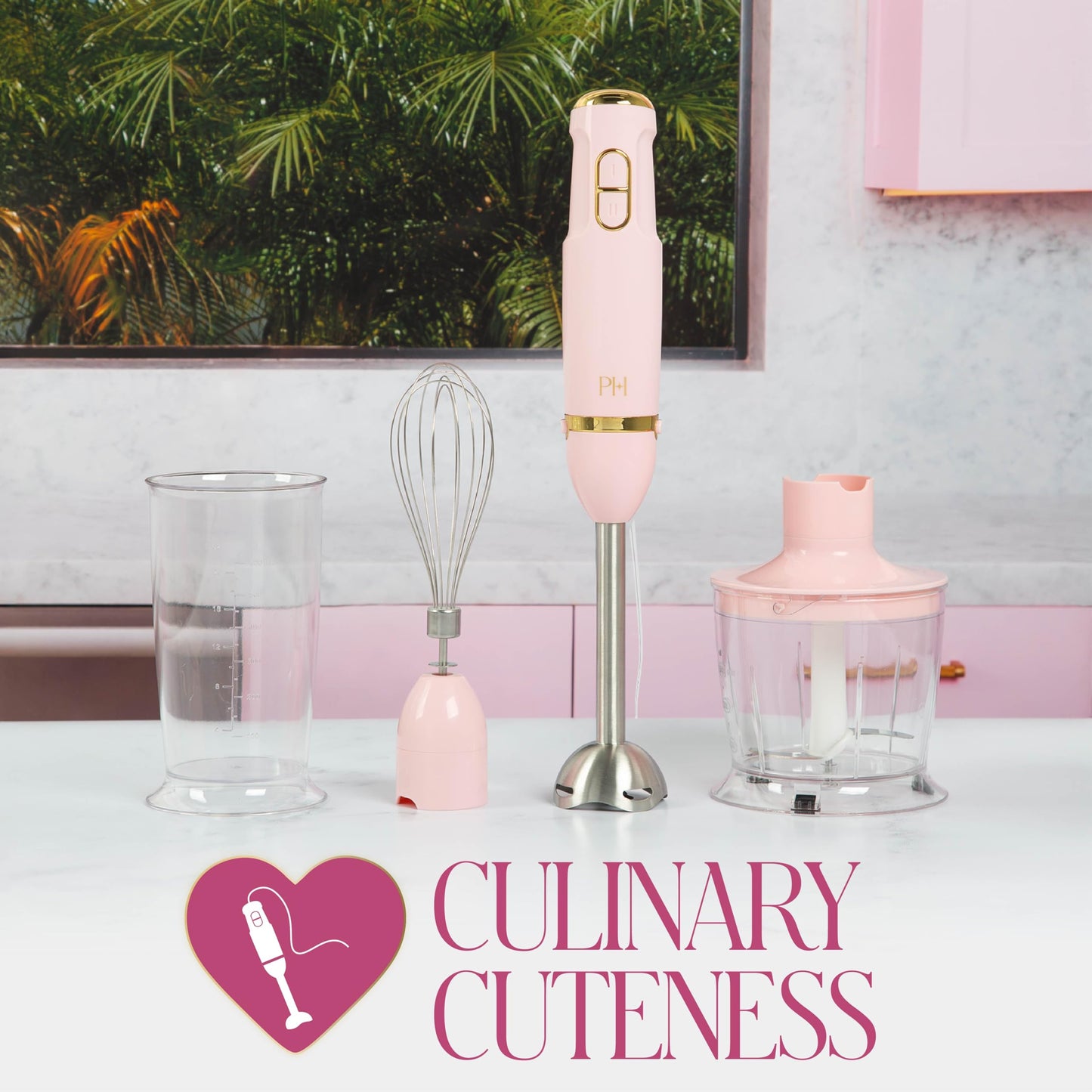 Paris Hilton Hand Blender Set, 3-in-1 Immersion Blender with Whisk, Blending & Chopper Attachments, 400W High Speed, Pink with Gold Accents – Smoothies, Soups, Sauces, Baby Food, Whipped Cream, Pink