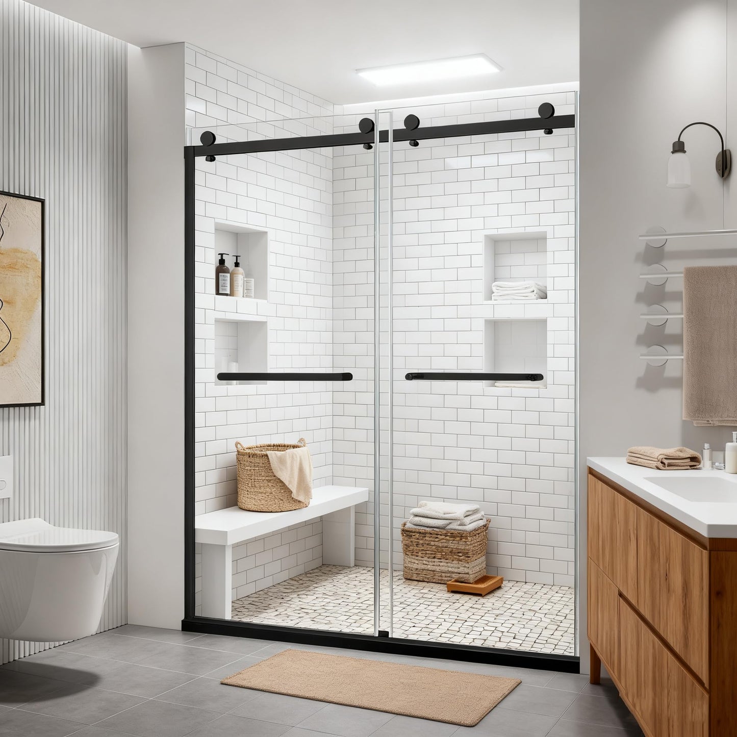 Mersviton Double Sliding Shower Door, 60" W x 74" H Framed Glass Shower Door with 5/16"(8mm) Clear Tempered Explosion-Proof Film Glass, 18 inch Stainless Steel Handle, Matte Black