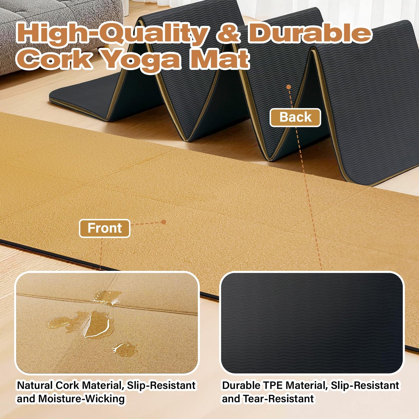 LILXIU Foldable Cork Yoga Mat 72 * 24 in 4 mm Thick Sweat Resistant with Rubber Base Hot Yoga Mat with Storage Bag Lightweight Grip Mats for Travel and Pilates Fitness Home Workouts