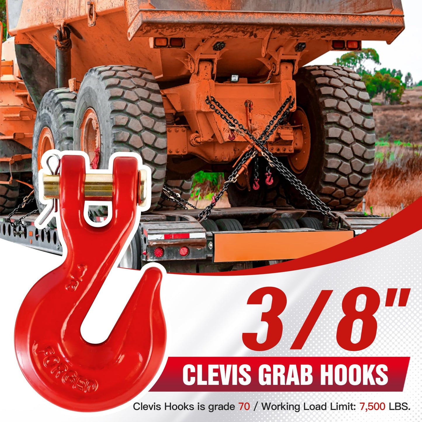 3/8" Clevis Grab Hooks (4 Pack) Heavy Duty Chain Hook for 3/8 Inch Grade 70 Chain Forged Alloy Steel- for Trailer Truck Transport - Yellow Chromate Finish - 7,500 lbs
