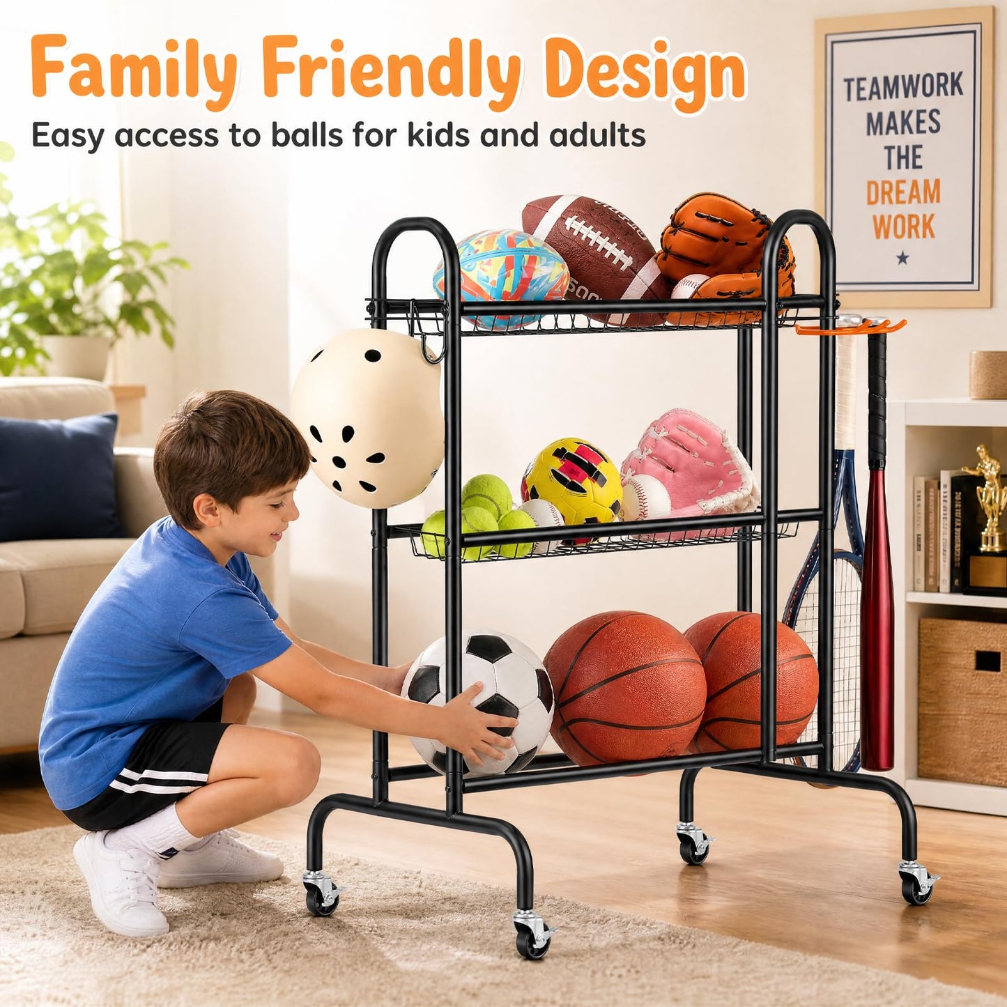 EXTCCT Basketball Racks for Balls, 3-Layer Small Ball Rack Ball Storage For Garage, Outdoor Rolling Ball Cart with Wheels, Two Basket for Basketballs Footballs Volleyball