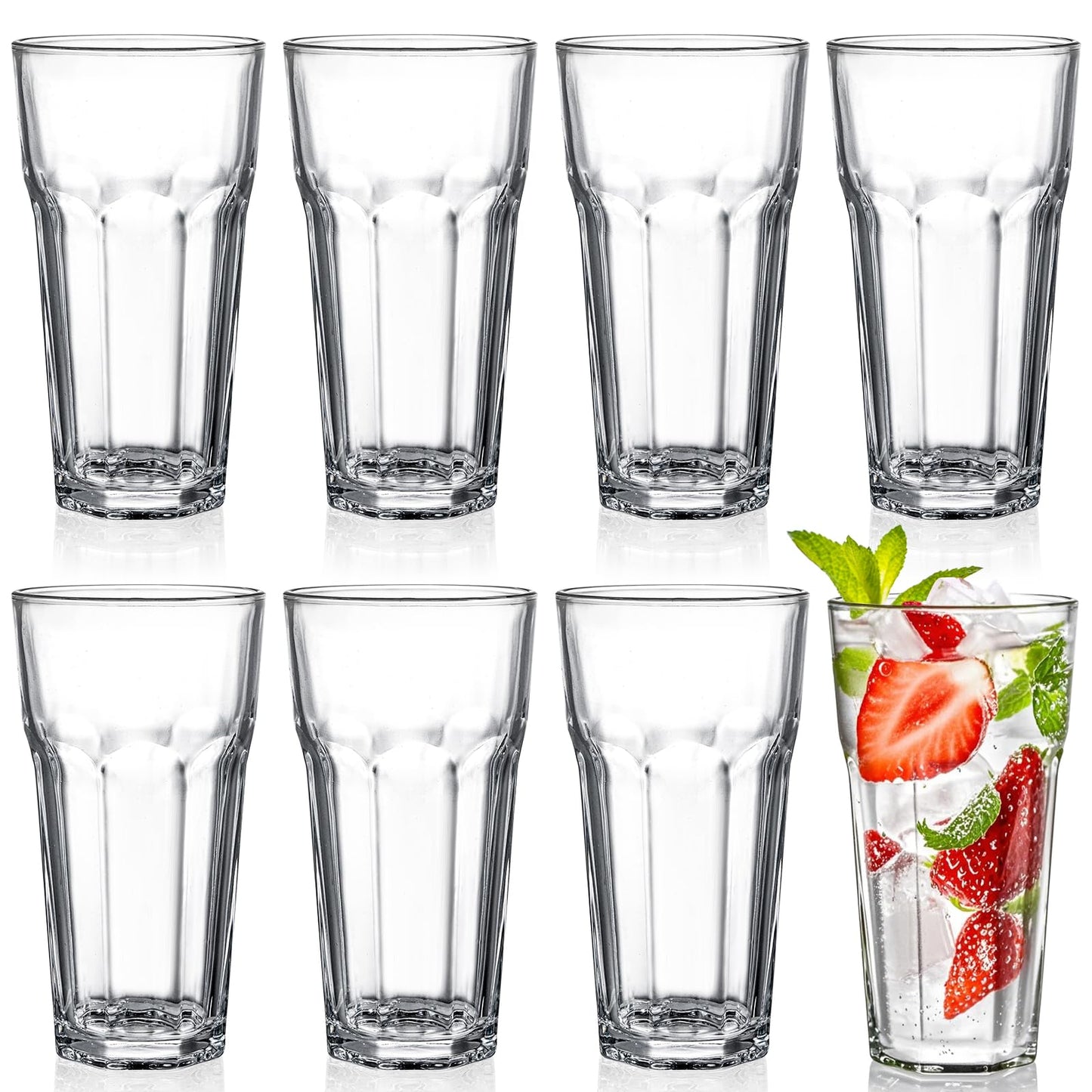 Yopay Set of 8 Highball Drinking Glasses, 12oz Lead-Free Tempered Water Glasses Thick Heavy Base, Clear Iced Hot Tea Glassware for Cocktail, Juice, Milkshake, Soda Beer Tumbler Cup
