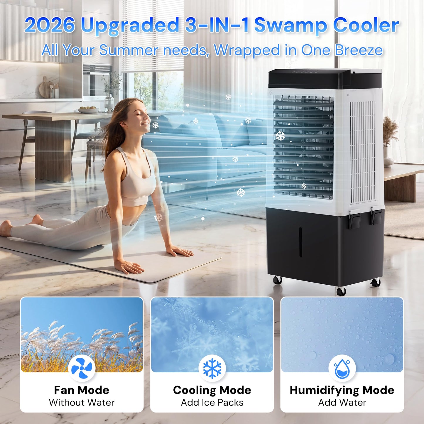 Swamp Cooler, 2200 CFM Evaporative Air Cooler with 8 Gal Water Tank, 4 Ice Packs, 120° Swing,12H Timer,3 Modes,3 Speeds, 3-IN-1 Windowless AC Unit, Room Cooler Portable Air Conditioner for Indoor Use