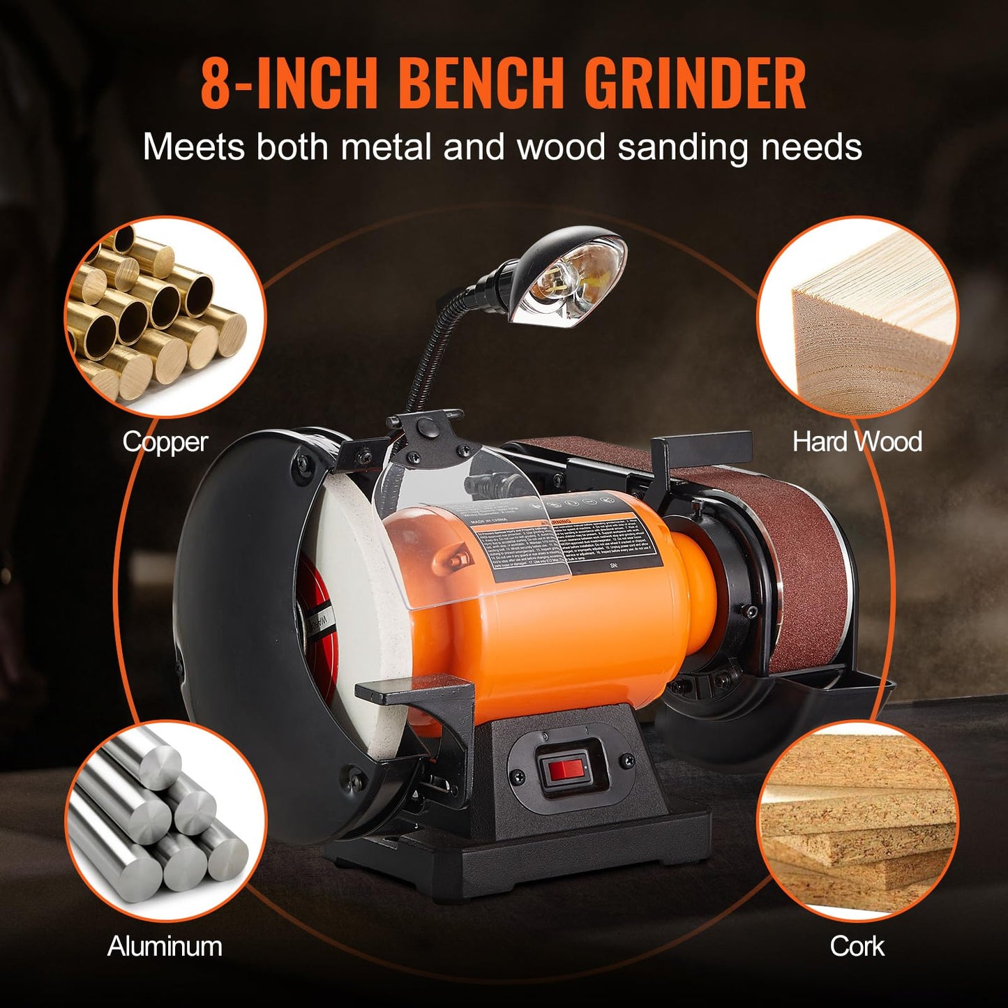 VEVOR 8 Inch Bench Grinder, Bench Grinder Sander with 2 x28 Inch Belt Sander Combo and 2.5A Induction Motor for Metalworking Sharpening Grinding