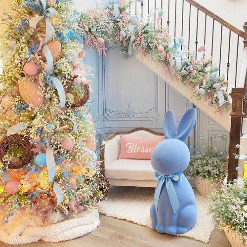 Lineshading Blue Easter Bunny Decorations - 25" Flocked Standing Large Bunny Figurine for Porch & Lawn Decor