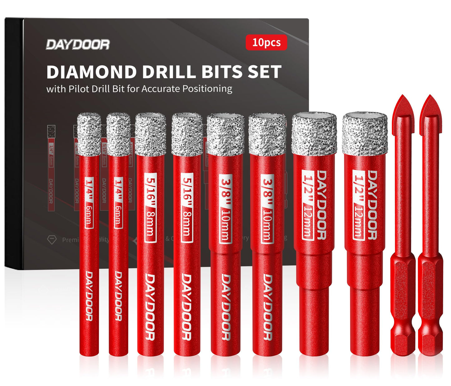 DAYDOOR Dry Diamond Drill Bits Set, 1/4" 5/16" 3/8" 1/2" Diamond Hole Saw Kit for Porcelain Tile Ceramic Glass Marble Granite, Tile Drill Bits with Cooling Wax, Round Shank (10-Piece)