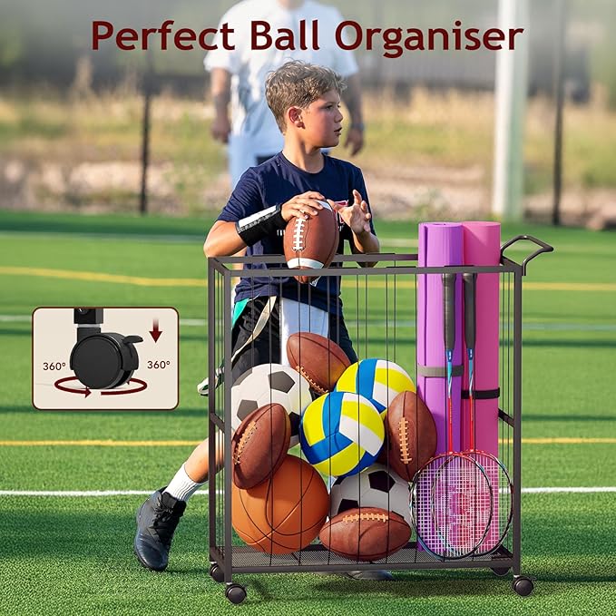 Ball Storage Bin Rolling Sports Ball Cart, Metal Garage Organizer Sport Rack, Ball Basket Storage, Ball Cage for Garage or Gym, Indoor & Outdoor Sports Equipment Organizer Black