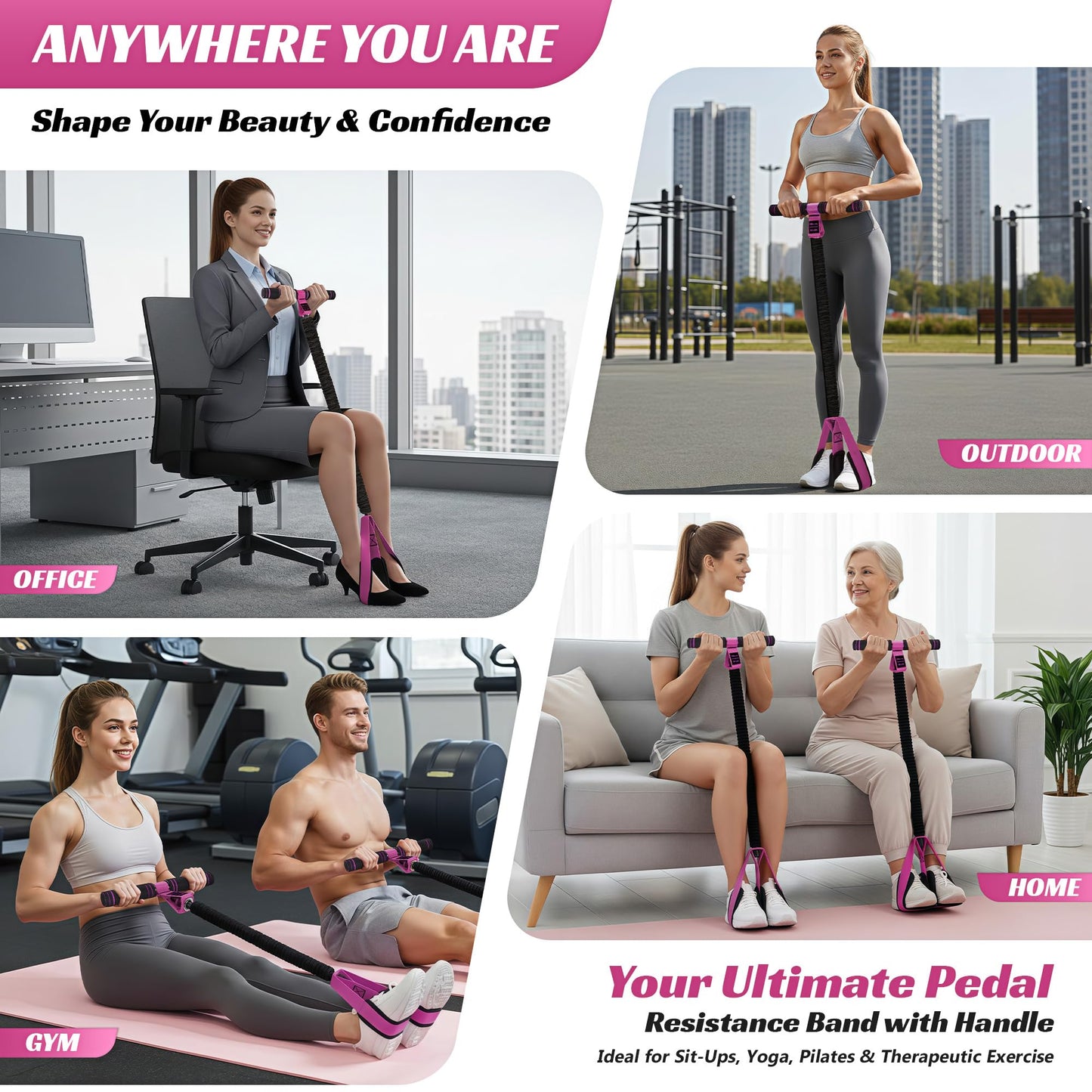 HOXWC Multifunction Pedal Resistance Band with Handle, 50LBS Foot Pedal Resistance Bands for Core/ABS, Arm, Waist, Abdomen, Leg Workout, Portable Sit Up Exercise Equipment for Women