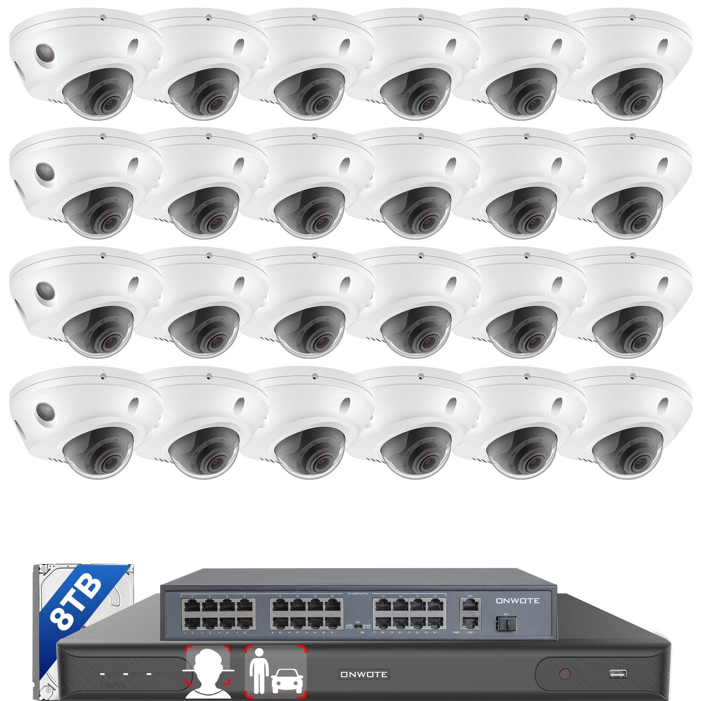 ONWOTE Face Recognition & AcuSearch, 2 Way Audio, 32 Channel Security Camera System 12MP NVR, 24x 4K 8MP IK10 Vandal-Proof PoE IP Cameras, 32CH 6K Commercial NVR 8TB, 4 HDD Ports Support 40TB
