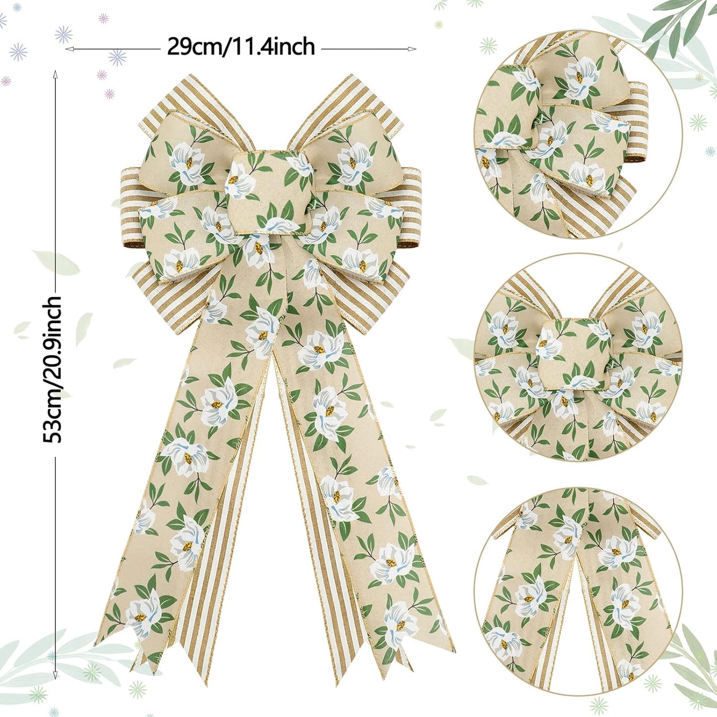 Whaline Spring Magnolia Wreath - Rustic Wired Edge Bow | Large 11 x 21 Inch Floral Decor for Home & Parties