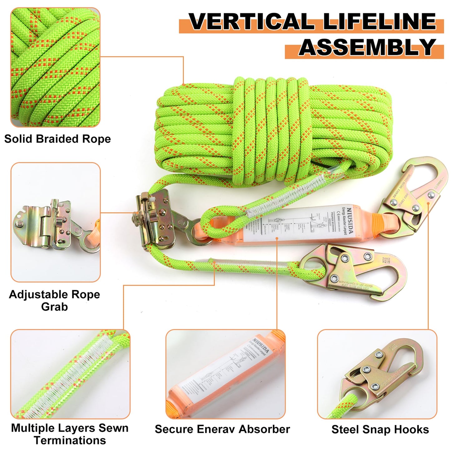Rope Harness Safety Lanyard 50FT Fall Protection Vertical Roofing Rope with Grab Snap Hooks Shock Absorber Safety Ropes Tree Climbing Line Kit Heavy Duty Roof Safety Equipment