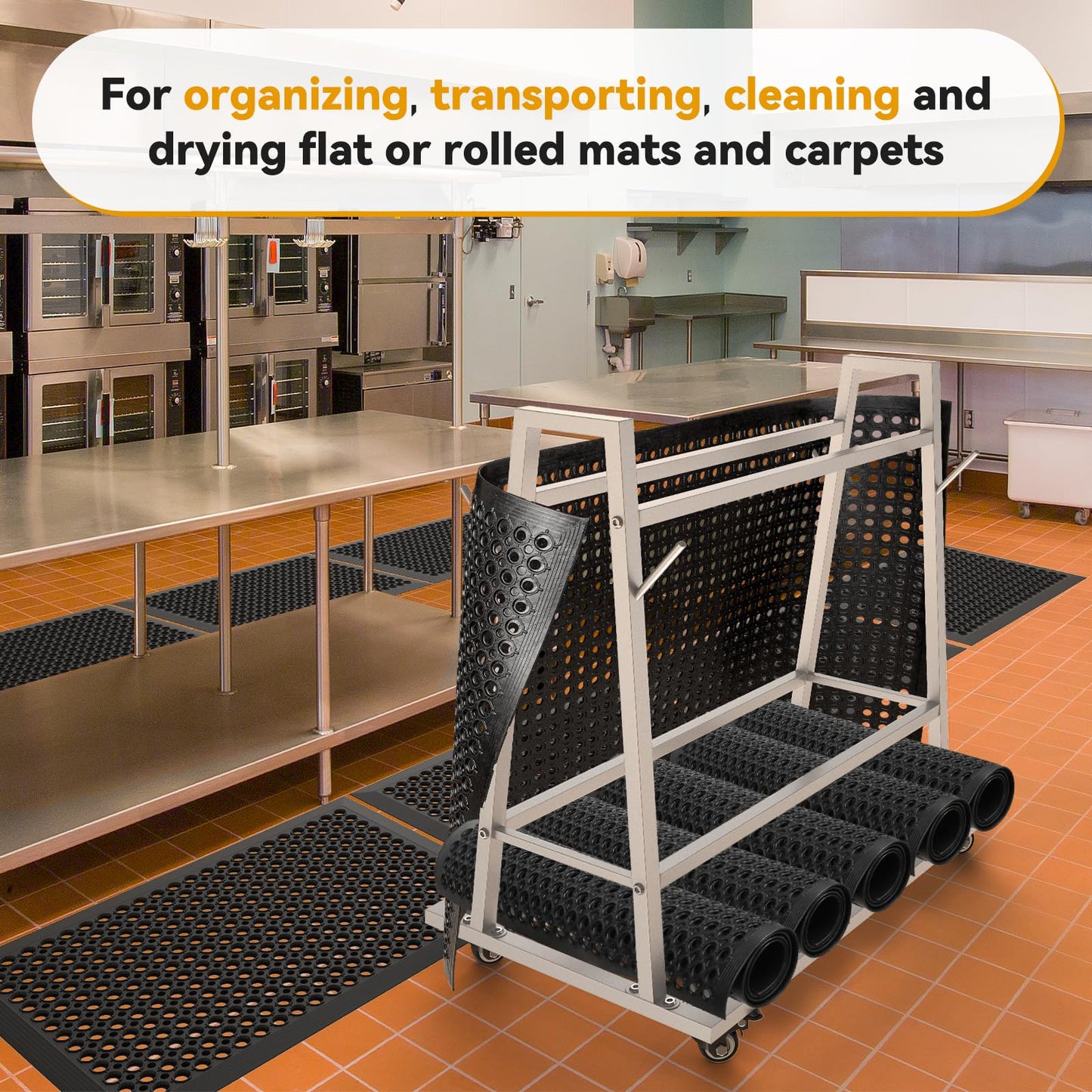 Wash Rack and Mat Transporter, Floor Mat Cart with Casters Commercial Floor Mat Rack with Four Short Rods 42“ L x 28” W x 40“ H