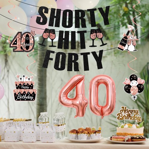 40th Birthday Decorations for Women, Black Rose Gold Happy 40th Birthday Banner Pre-Strung Shorty Hit Forty Banner Funny 40 Foil Balloons Cheers to 40 Hanging Swirls Party Supplies Sign 8PCS