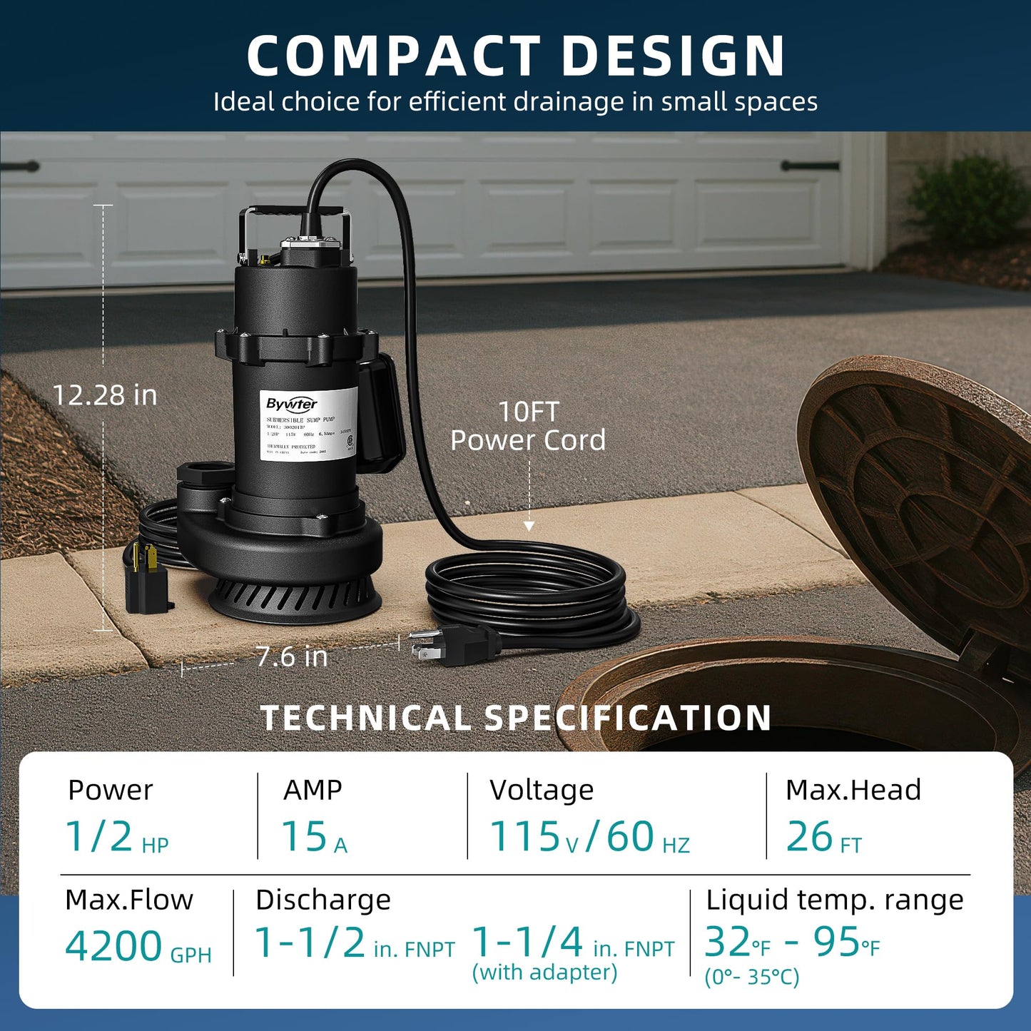 BYWTER 1/2 HP Sump Pump, 4200 GPH High Flow, 26 FT Lift, 115V Cast Iron Sewage Pump with Automatic Float Switch and Manual Control, Heavy Duty Sewage/Effluent Pump for Basement, 10 FT Power Cord
