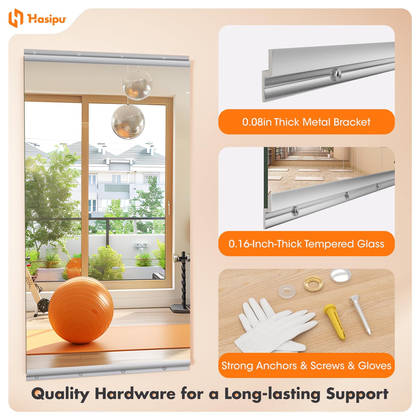 Hasipu Home Gym Mirror 55" L x 17" W - 3PCS Large Full Body Mirror for Yoga, Fitness, Garage, Dance Studio, Wall-Mounted, 0.16in Tempered Glass Frameless