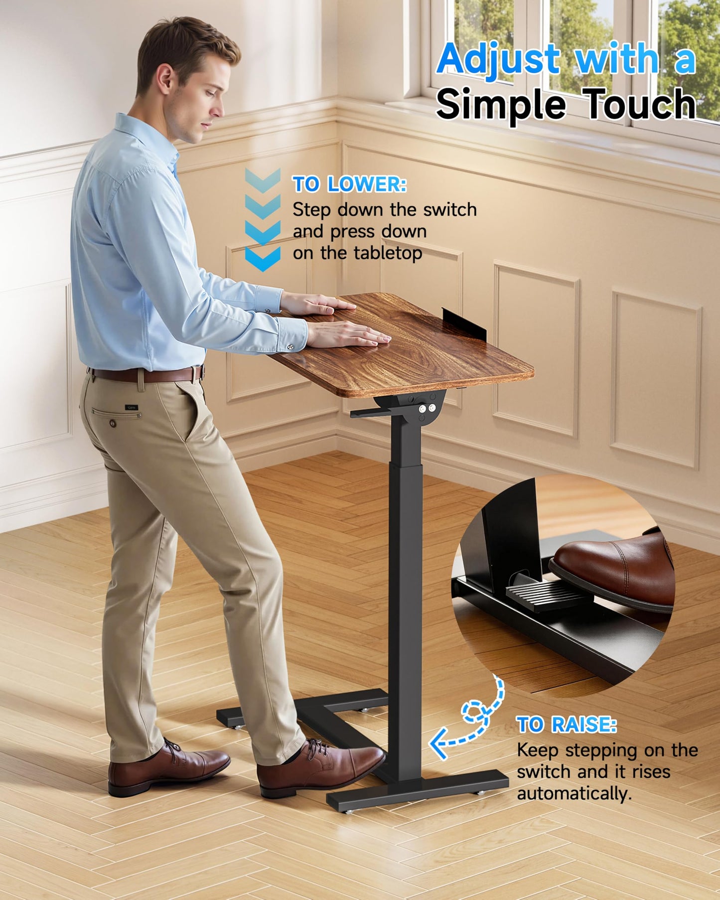 BIZUM Mobile Standing Desk Laptop Desk Pneumatic with Wheels 180° Tilt Top Hospital Bed Table Portable Rolling Cart Foldable Bedside Table for Hospital&Home Use, Walnut