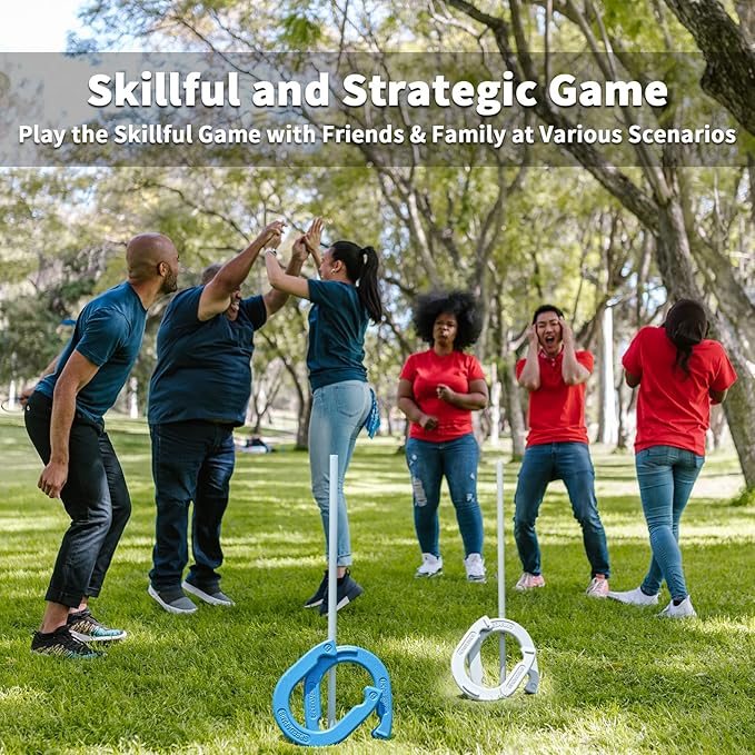 Horseshoes Outside Game Set - Universal Size Lawn Horseshoes Outdoor Games for Parties Beach Backyard, Includes 4 Horseshoes, 2 Steel Stakes and Durable Carrying Bag