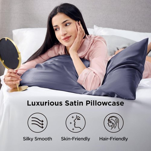 Bedsure Satin Pillowcases - Luxurious Silk-Like Queen Size Set of 2 | Envelope Closure, Blue Granite, 20x30 Inches