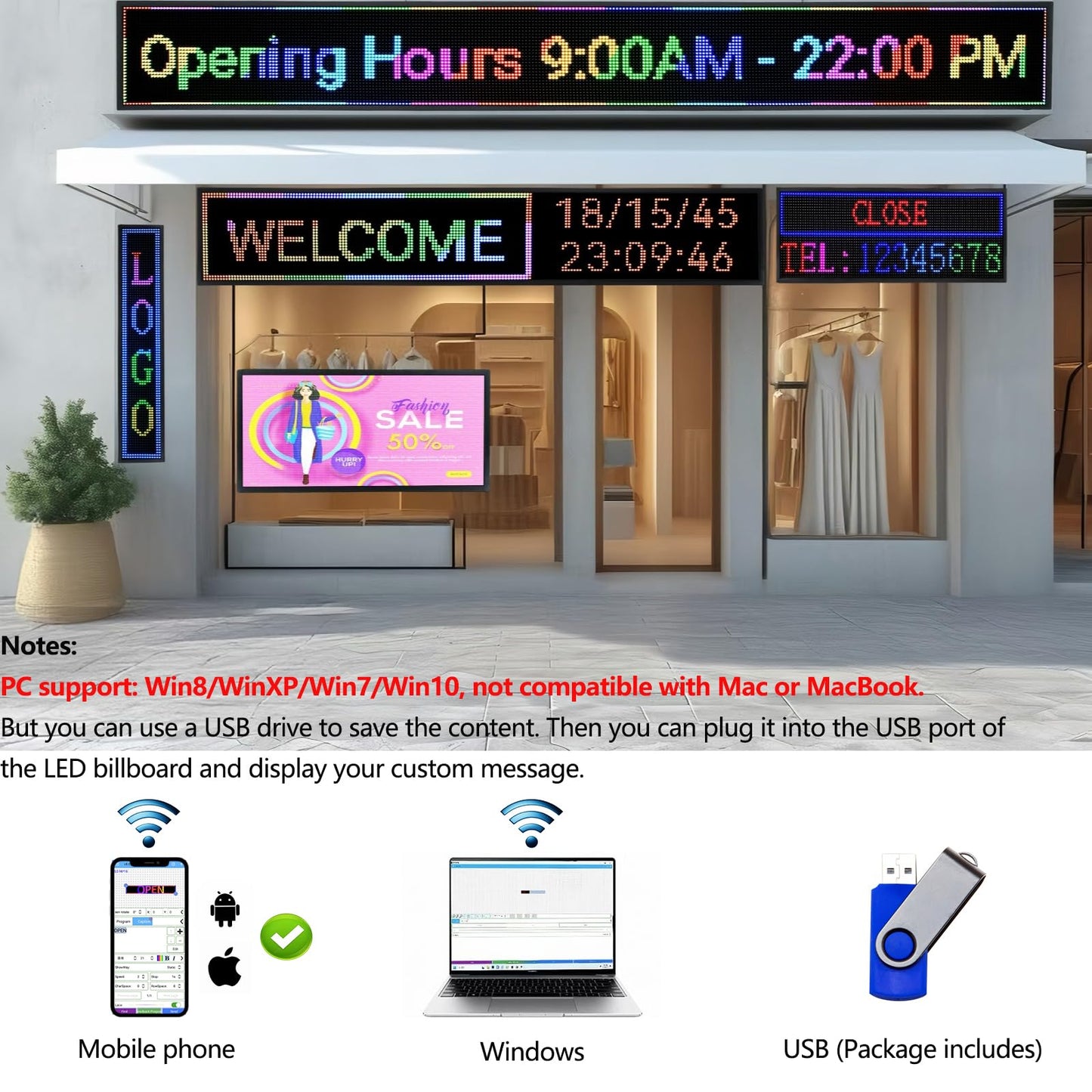 P10 Outdoor/Indoor Programmable LED Sign, 4000CD/㎡ High Brightness Scrolling Display, WiFi Control, Customizable Message Board for Business Advertising, Restaurants, Stores, Bars 40"x14"
