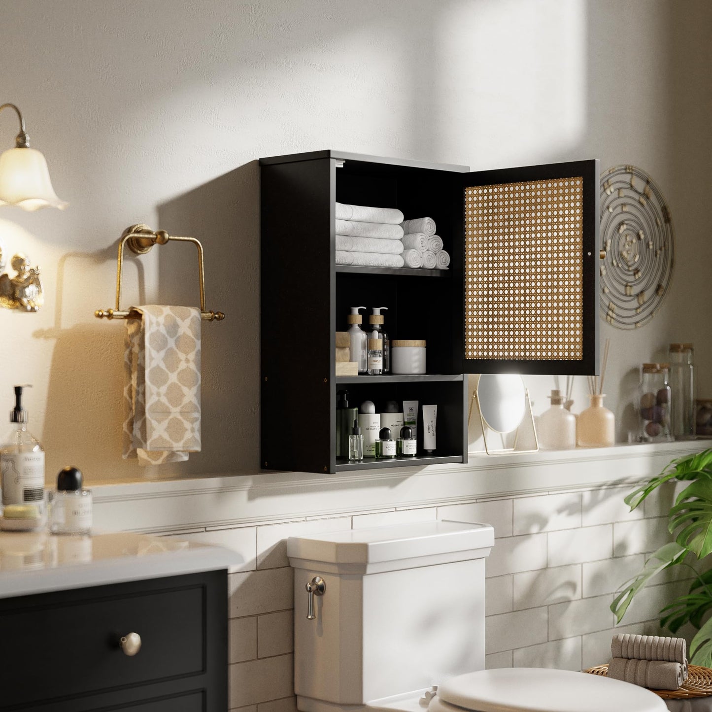 vovala Bathroom Wall Cabinet, Bamboo Over-The-Toilet Storage Organizer with Rattan Doors and Adjustable Shelf, Space Saver Medicine Cabinet for Laundry, Kitchen, Living Room (Black)