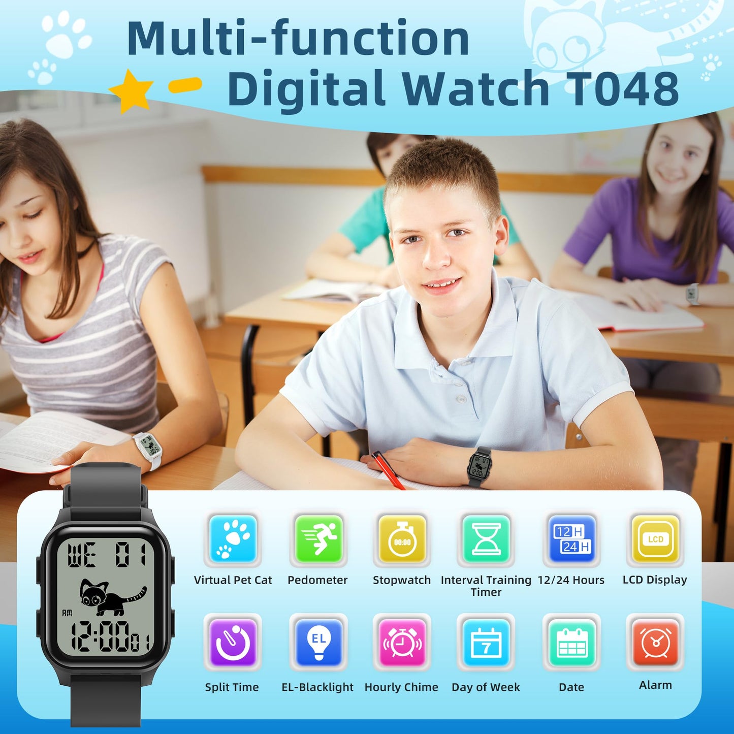 EZON T048 Digital Kids Watch for Teens Girls Boys,Sport Watch with Virtual Pet Cat Step Counter Stopwatch Pedometer Timer Alarm, No App Waterproof Fitness Tracker for Ages 7-18 (White)