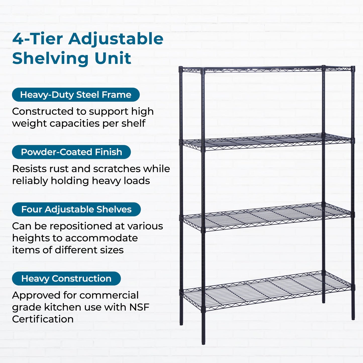 Honey-Can-Do 4-Tier Heavy Duty Extra-Wide Adjustable Shelving Unit, 350-lb Per Shelf Metal Storage Rack, Wire Shelf for Garage Workshop Basement, Black, 48 x 18 x 72 in