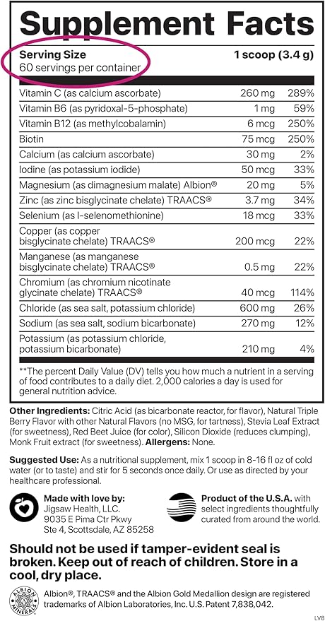 Jigsaw Health Electrolyte Supreme | Broad Spectrum of Electrolytes + Trace Minerals | Berry-Licious Flavor | 60 Servings (Jar)