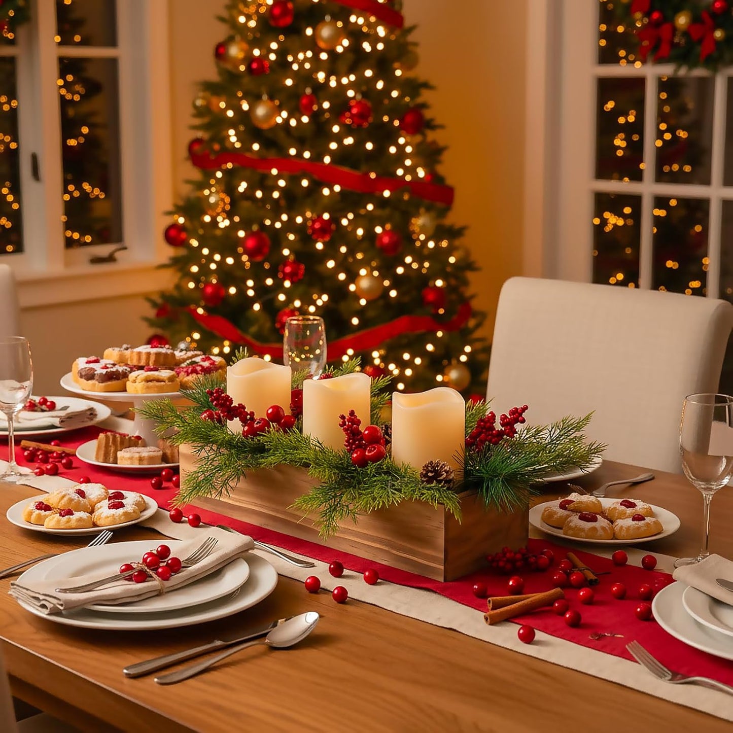 Regine Switzerland Christmas Table Centerpiece - 3 Flameless LED Candles with Pine Cones & Red Berries | Rustic Wood Holders for Holiday Dining & Xmas Party Decor