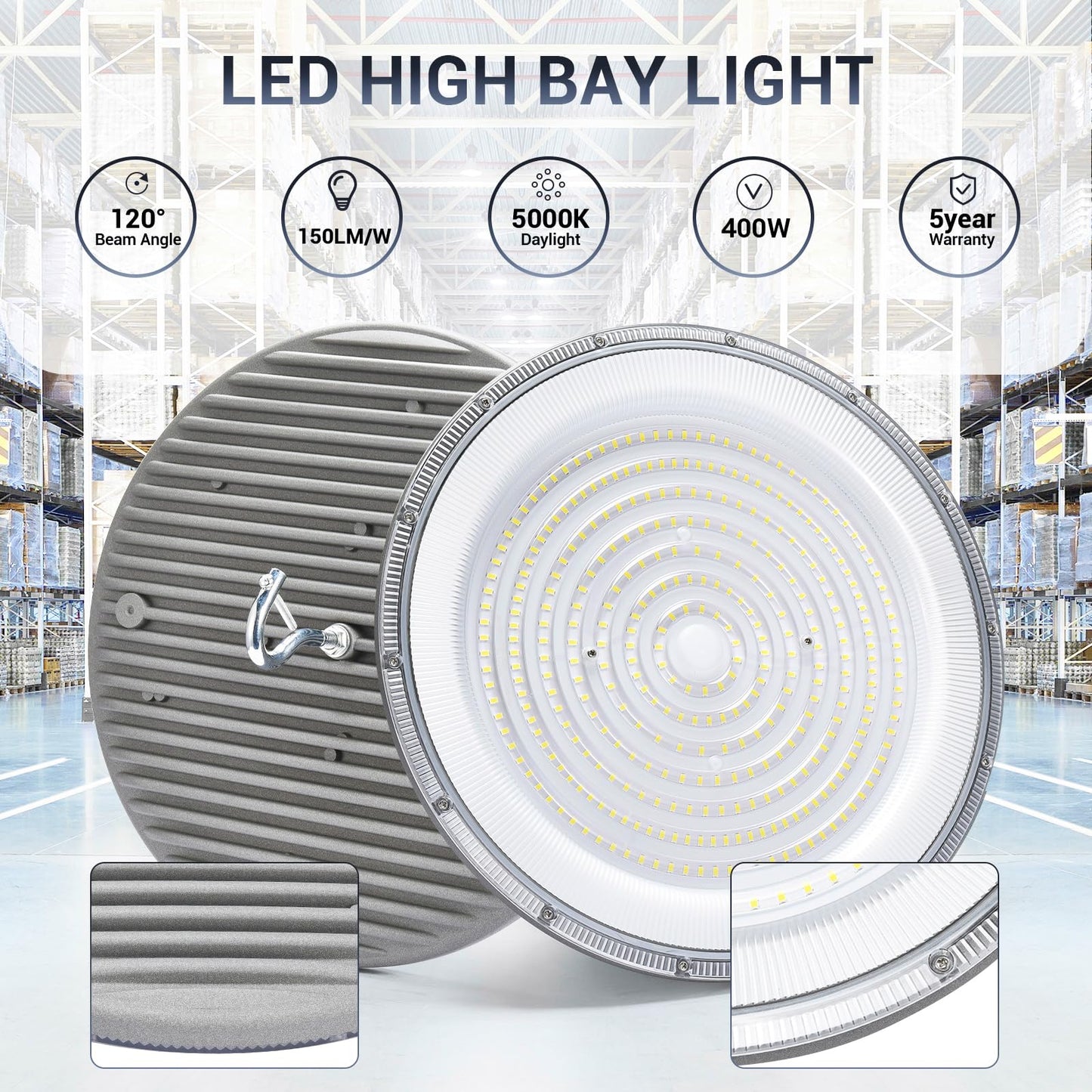 XYCN 6 Pack 400W UFO Led High Bay Light,120VAC,5000K Daylight Commercial Bay Lighting,IP66 Waterproof,61050LM,1750W MH/HPS with Plug Area Lighting for Warehouse/Shop/Workshop/Barn/Gym/Factory