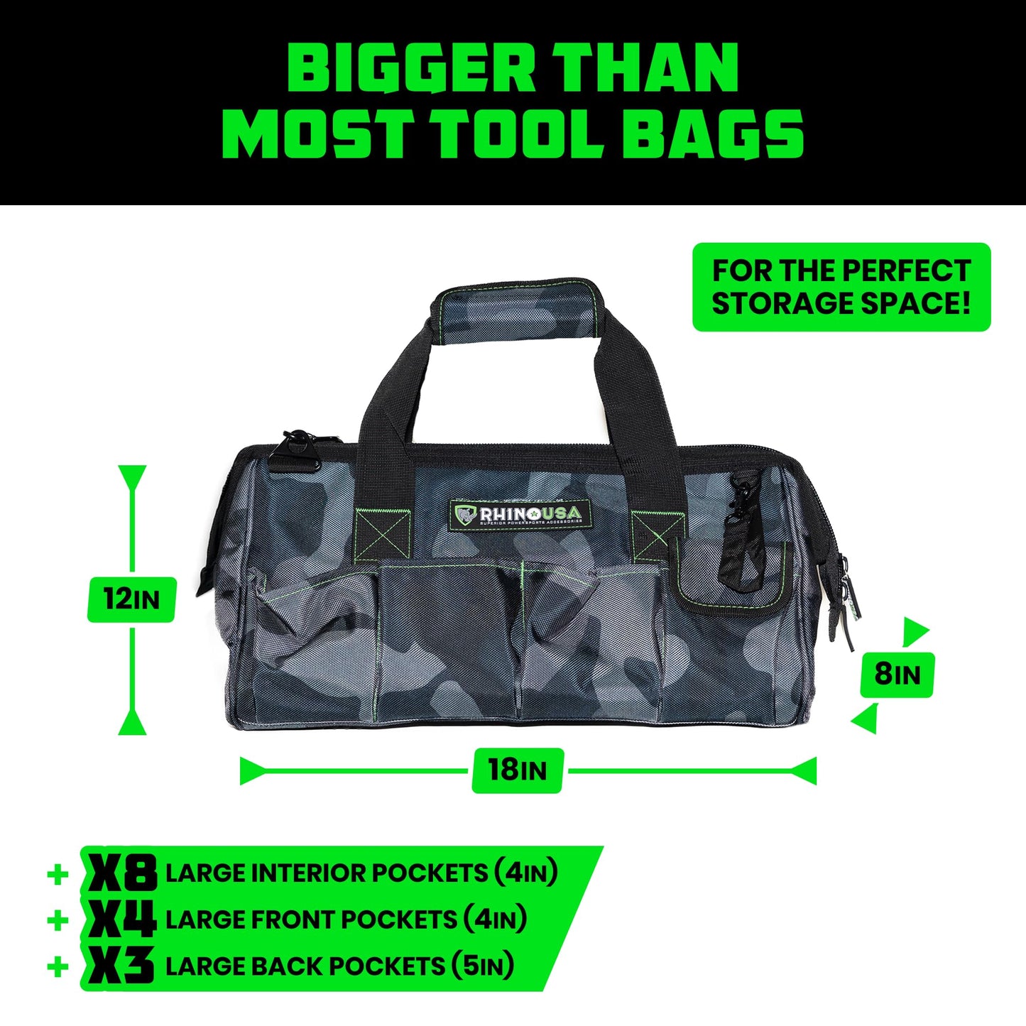 Rhino USA Tool Bag (18-Inch) Heavy Duty Wide Mouth Tool Tote with Zipper for Men - Large Tools Bags with Extra Side Storage Pockets, Reinforced Shoulder Strap & Upgraded Metal Clips (Camo)