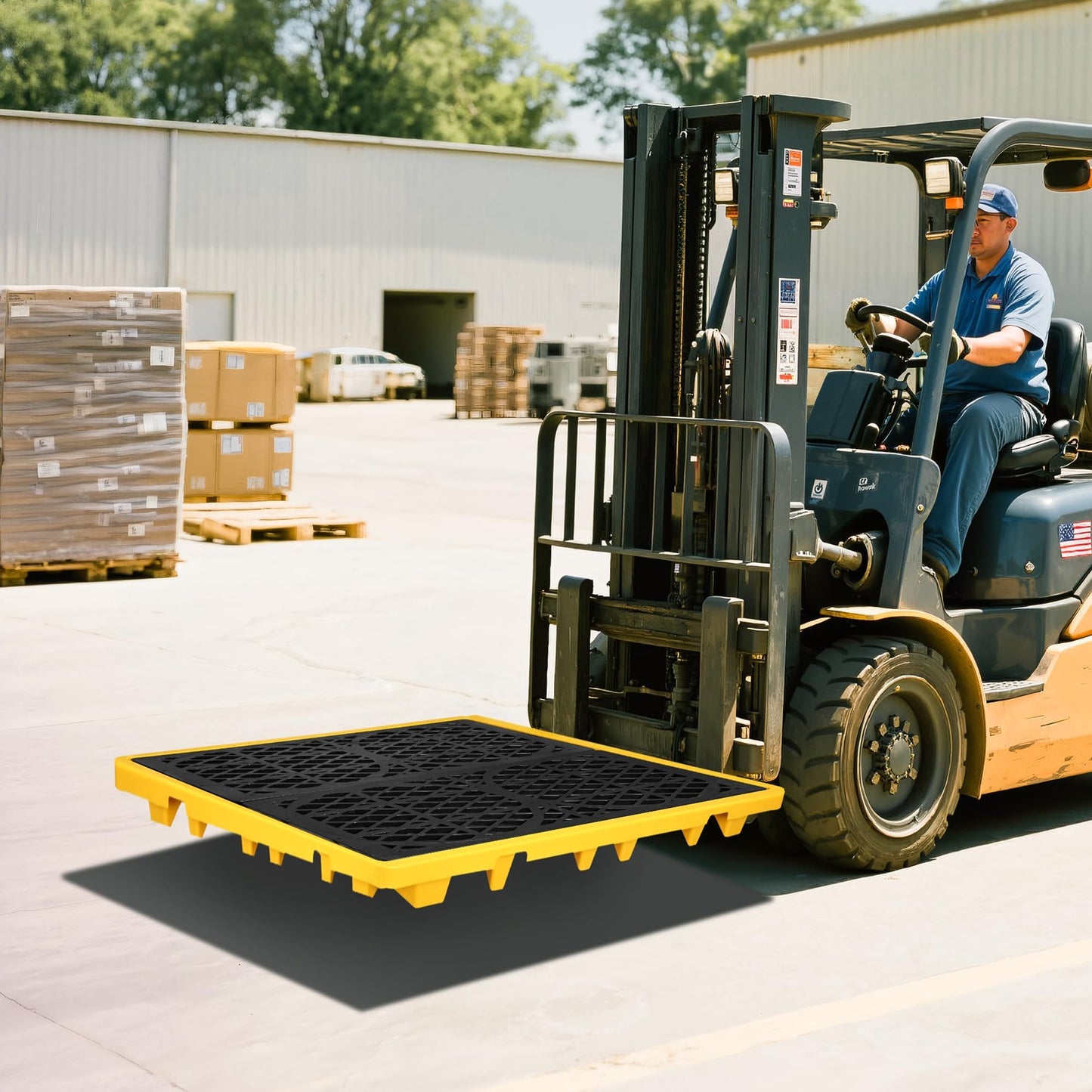 Cjgyz Spill Containment Platform with Drain, 51x51x6in, Anti-Slip Plastic, Leakproof Detachable, 4 Drum Capacity, Yellow for Industrial Use