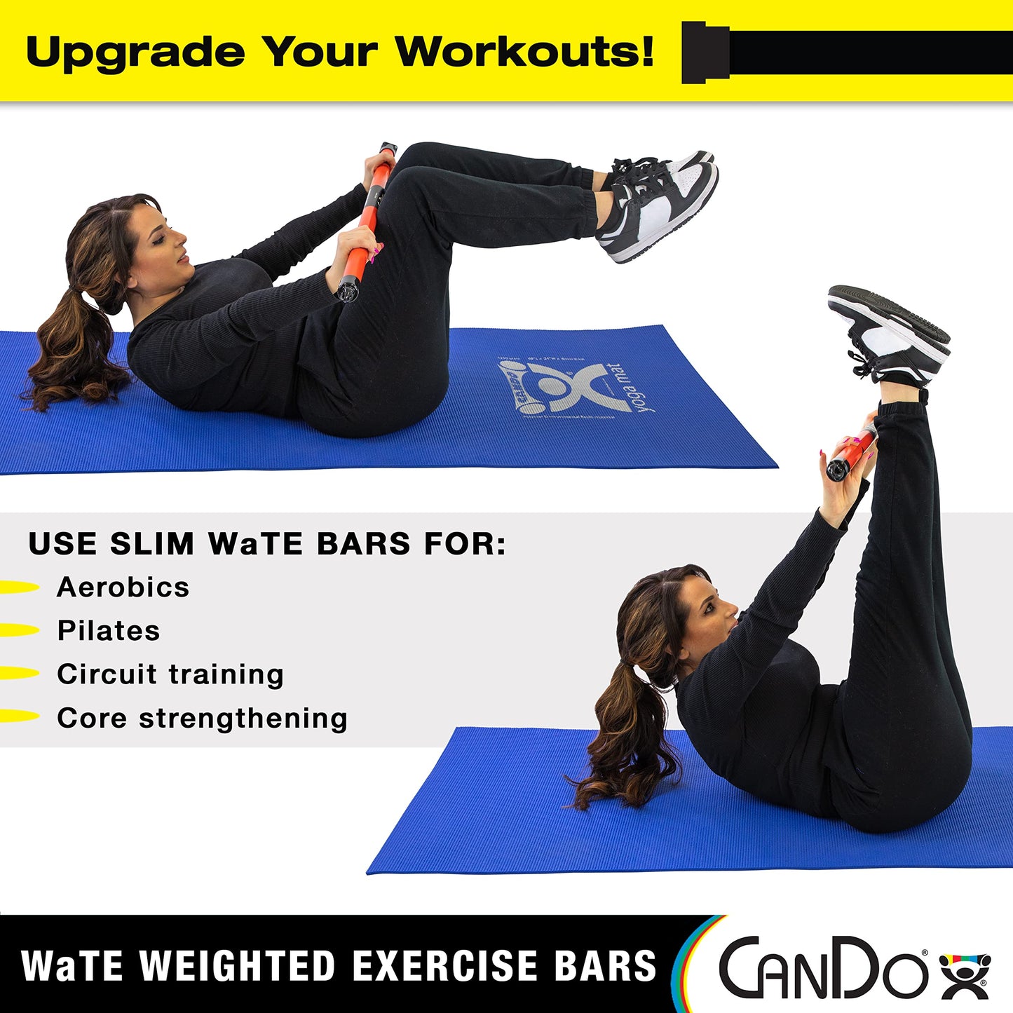 CanDo Slim WaTE Bar 2lb Yellow, Total Body Workout Weighted Exercise Bar for Strength Training, Toning, and Physical Therapy