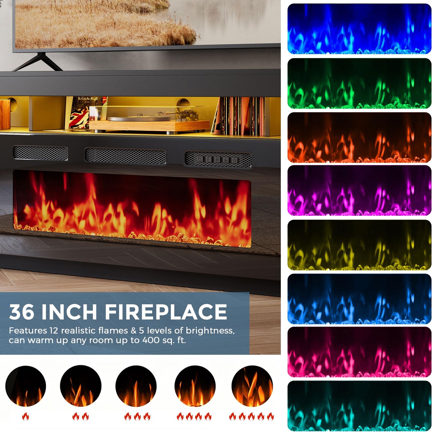 70" Floating Fireplace TV Stand with 36" Crystal Electric Fireplace, LED Entertainment Center for TVs up to 80", Modern Media Console with Mirrored Storage Cabinets for Living Room, Black TV Console