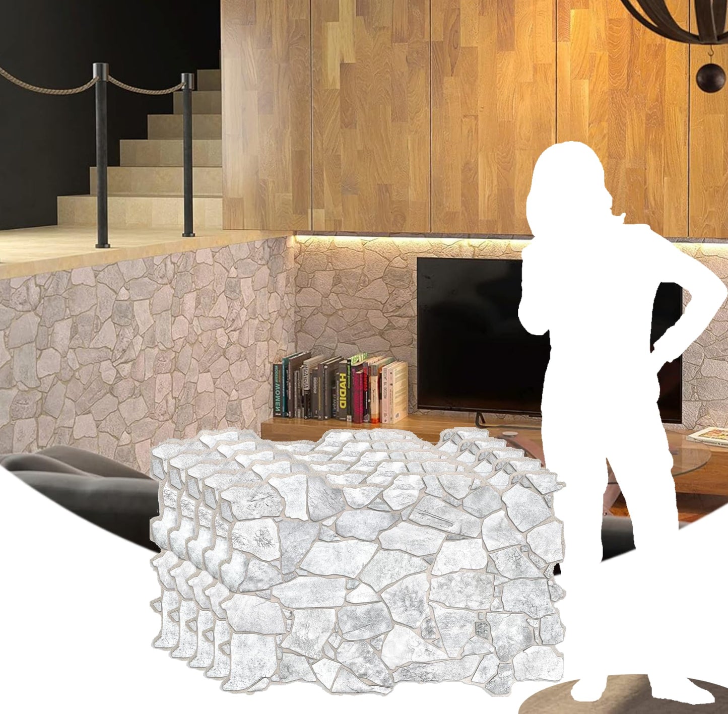 Dundee Deco REAZ244WG-5 White Grey Faux Stone PVC 3D Wall Panel, 3.2 ft X 2.1 ft (98cm X 63cm), Interior Design Wall Paneling Decor, 6.7 sq. ft. (0.62 sq. m) Each, Pack of 5