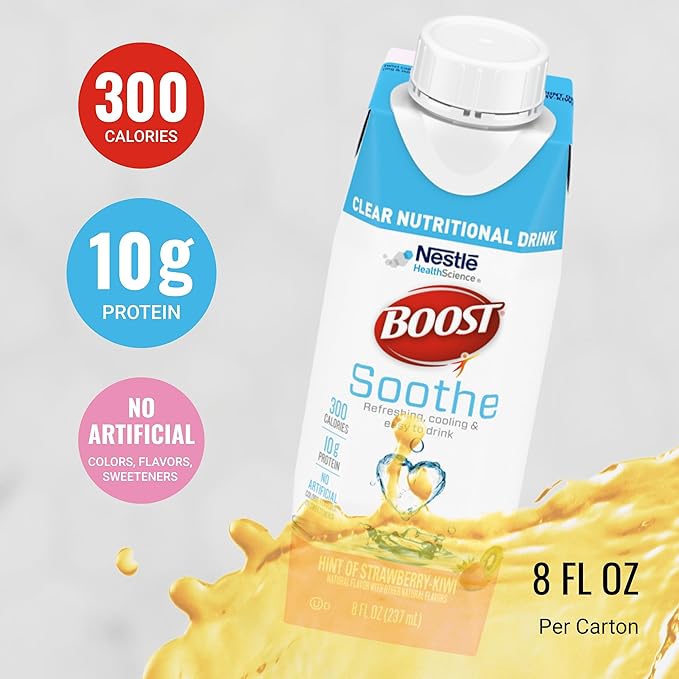 BOOST Soothe Clear Nutritional Drink ??Cooling sensation - 300 Calories - 10 g Protein from Whey Protein Isolate - Hint of Strawberry Kiwi Flavor - 8 fl oz (Pack of 24)