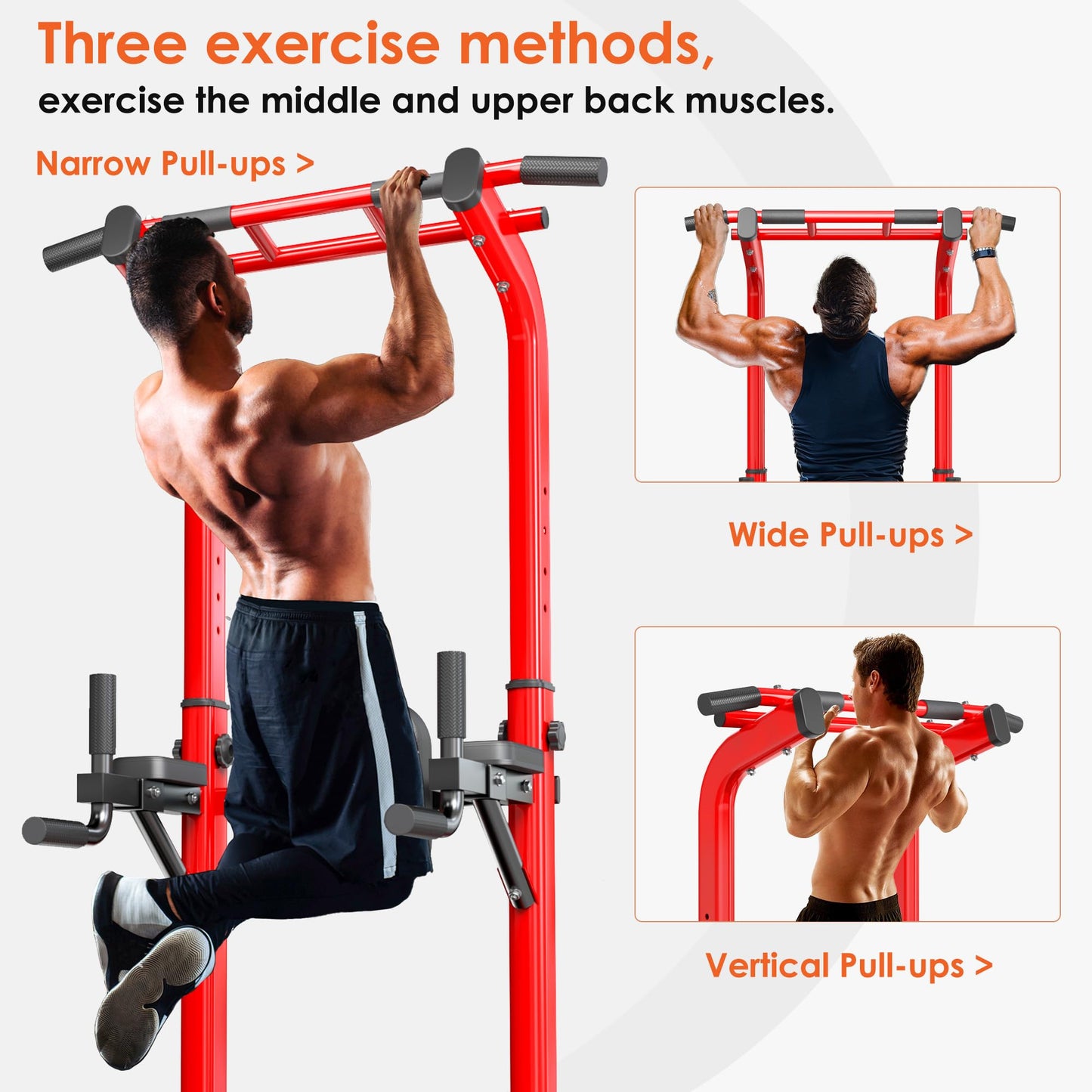 SogesPower Power Tower Pull Up Bar Station, 12-Level Adjustable Multi-Function Pull Up Dip Station for Home Gym, Pull Up Bar Stand Dip Bar Strength Training Fitness Equipment, Red with Resistance Bands