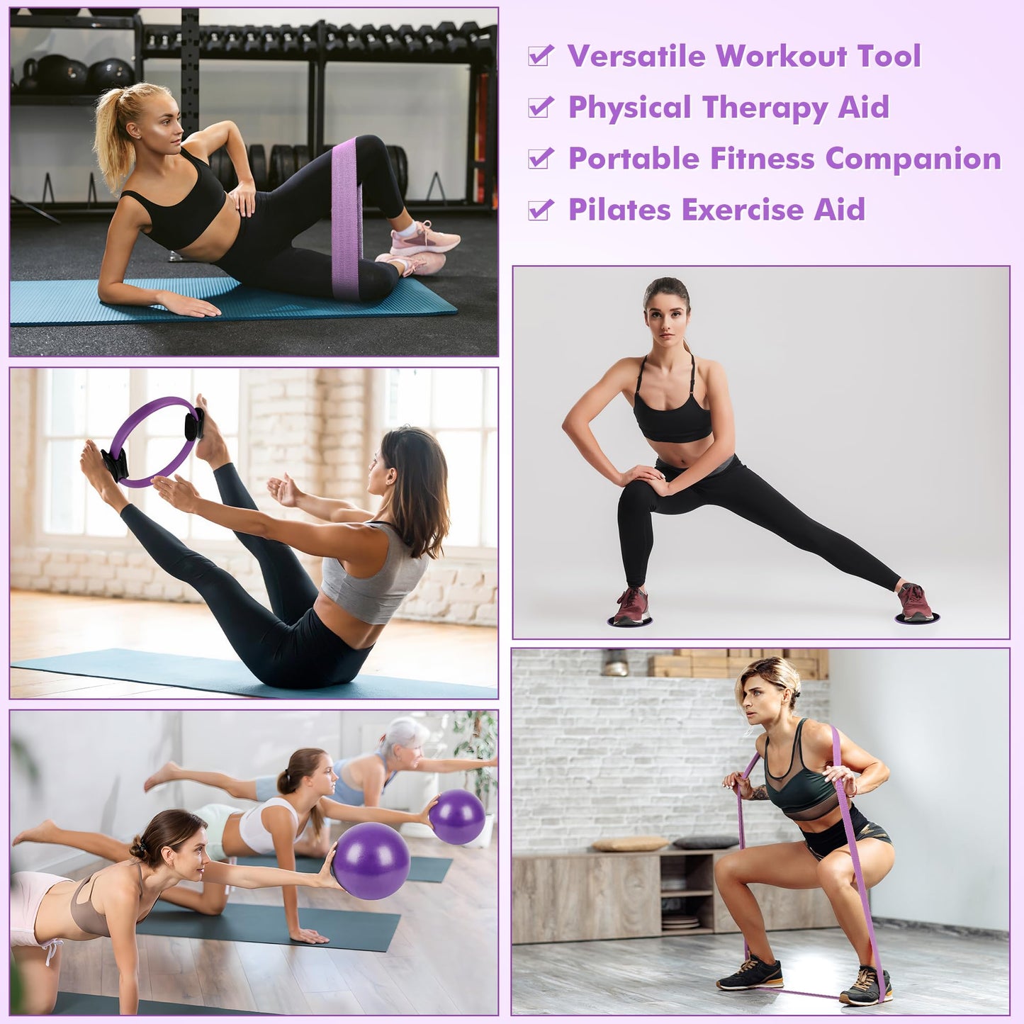 Goocrun Pilates Ring Set Exercise Equipment, with Fabric Resistance Bands Set, Pilates Ball, Sliding Disks. Portable Home Gym - with Fitness Guide Poster (Purple)