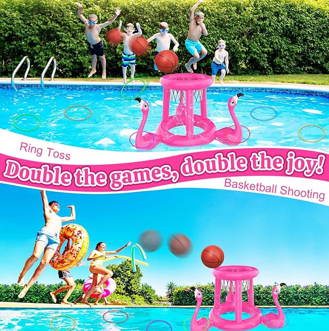 Pool Floats Toys Set, 2-in-1 Floating Basketball Hoops & Pool Ring Toss, Fun Summer Water Games for Kids Ages 8-12