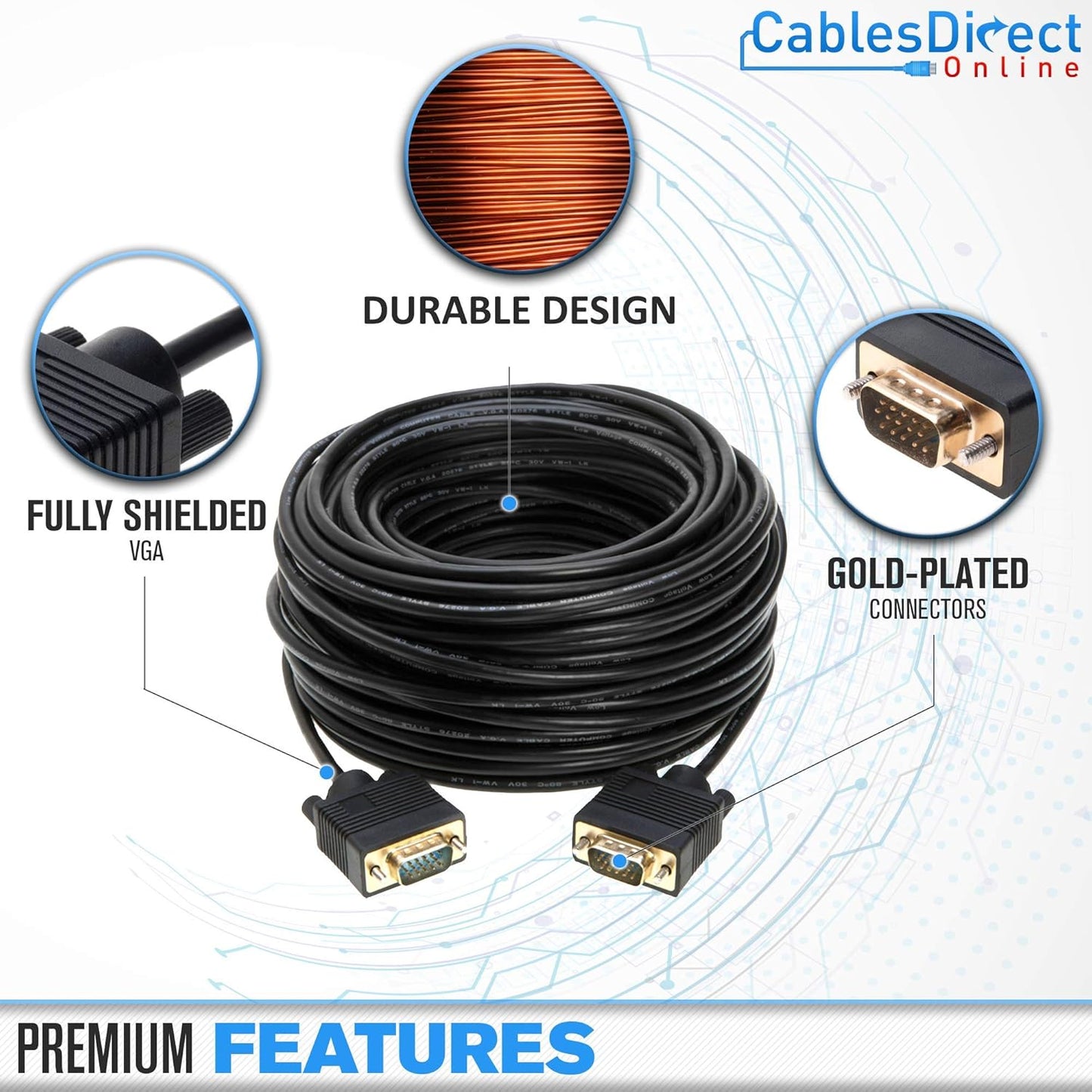 3FT 1080P Cables Direct Online SVGA Monitor Cable - Male to Male VGA to VGA for PC, Projector, Laptop, TV