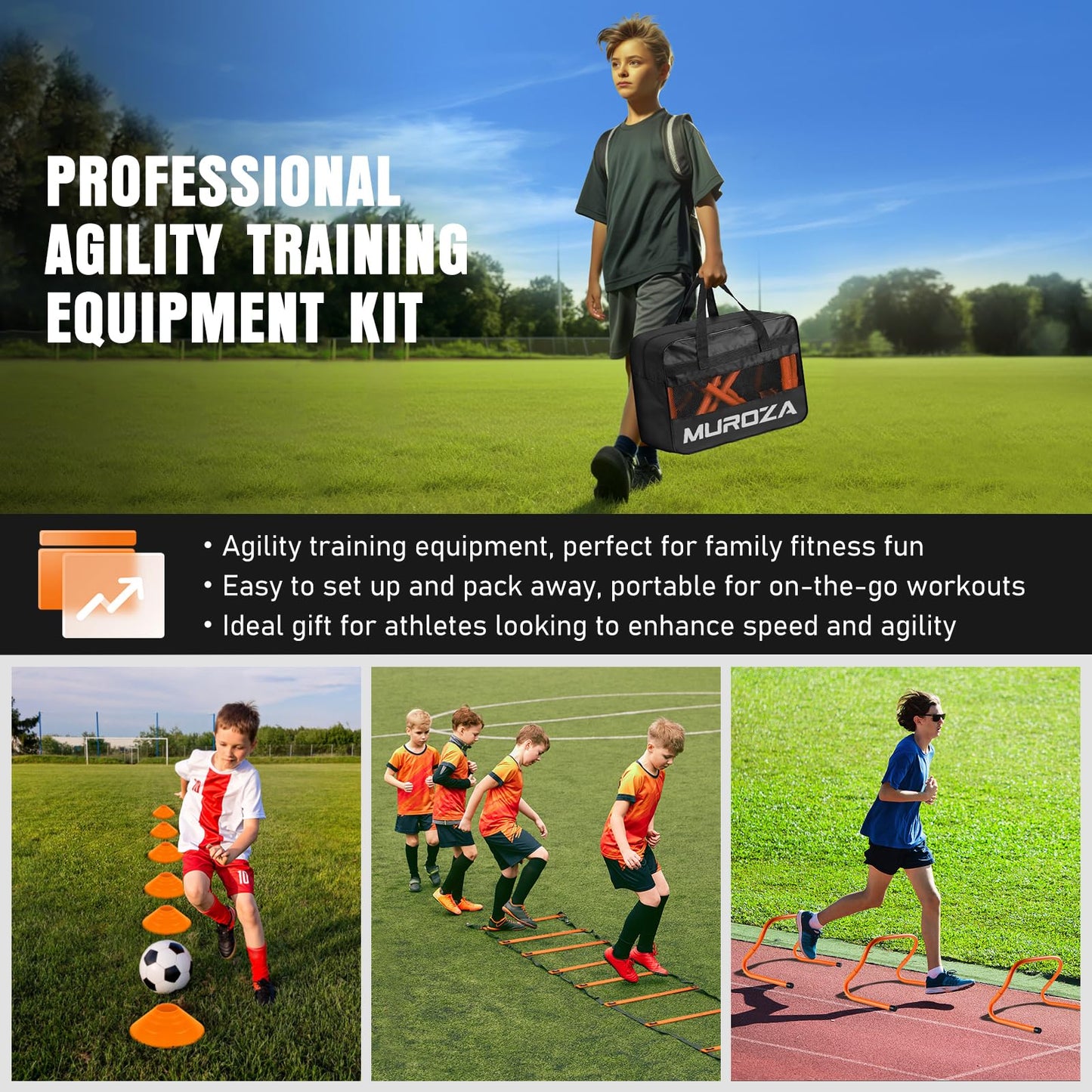 MUROZA Agility Ladder, Agility Speed Training Equipment Set, 20ft Speed Ladder, 12 Soccer Cones, 4 Hurdles, Jump Rope, Running Parachute, Soccer Football Basketball Training Equipment Accessories