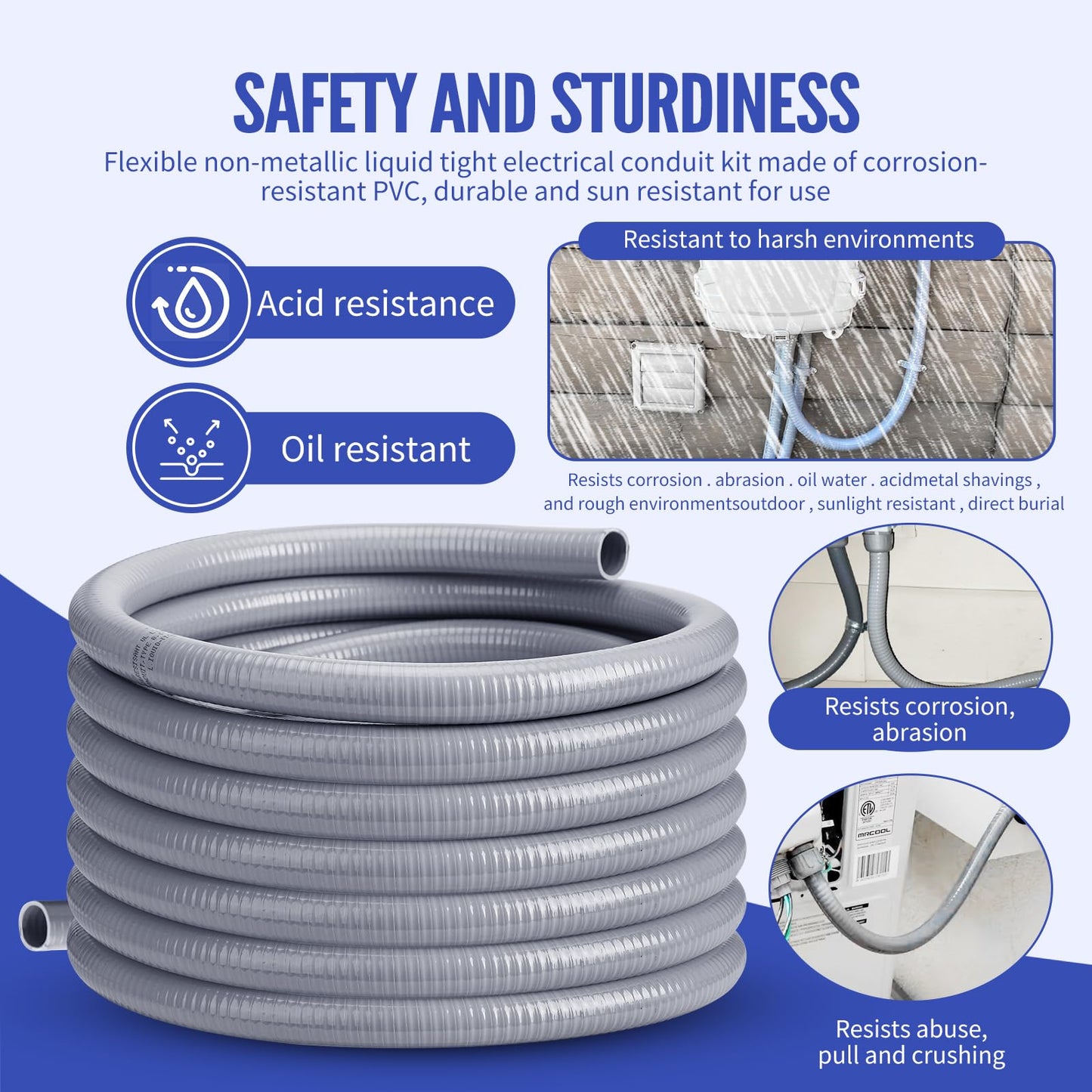 AISIMEE Liquid Tight Conduit 1inch 100FT,Flexible Non-Metallic Liquid Tight Flex Electrical Conduit and Connector Kit with 5 Straight and 3 90-Degree Conduit Connector Fittings