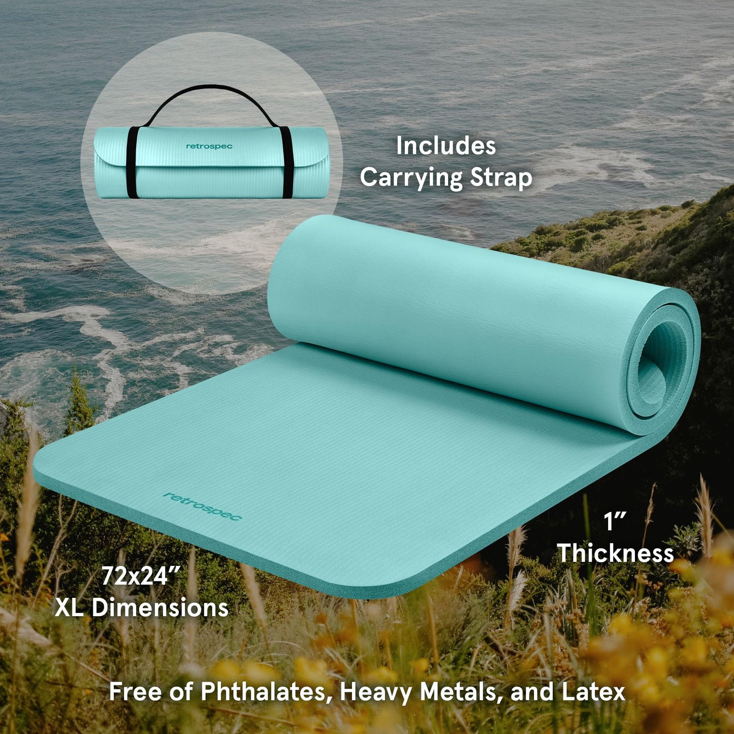 Retrospec Solana Yoga Mat 1" Thick w/Nylon Strap for Men & Women - Non Slip Exercise Mat for Home Yoga, Pilates, Stretching, Floor & Fitness Workouts - Blue Ridge