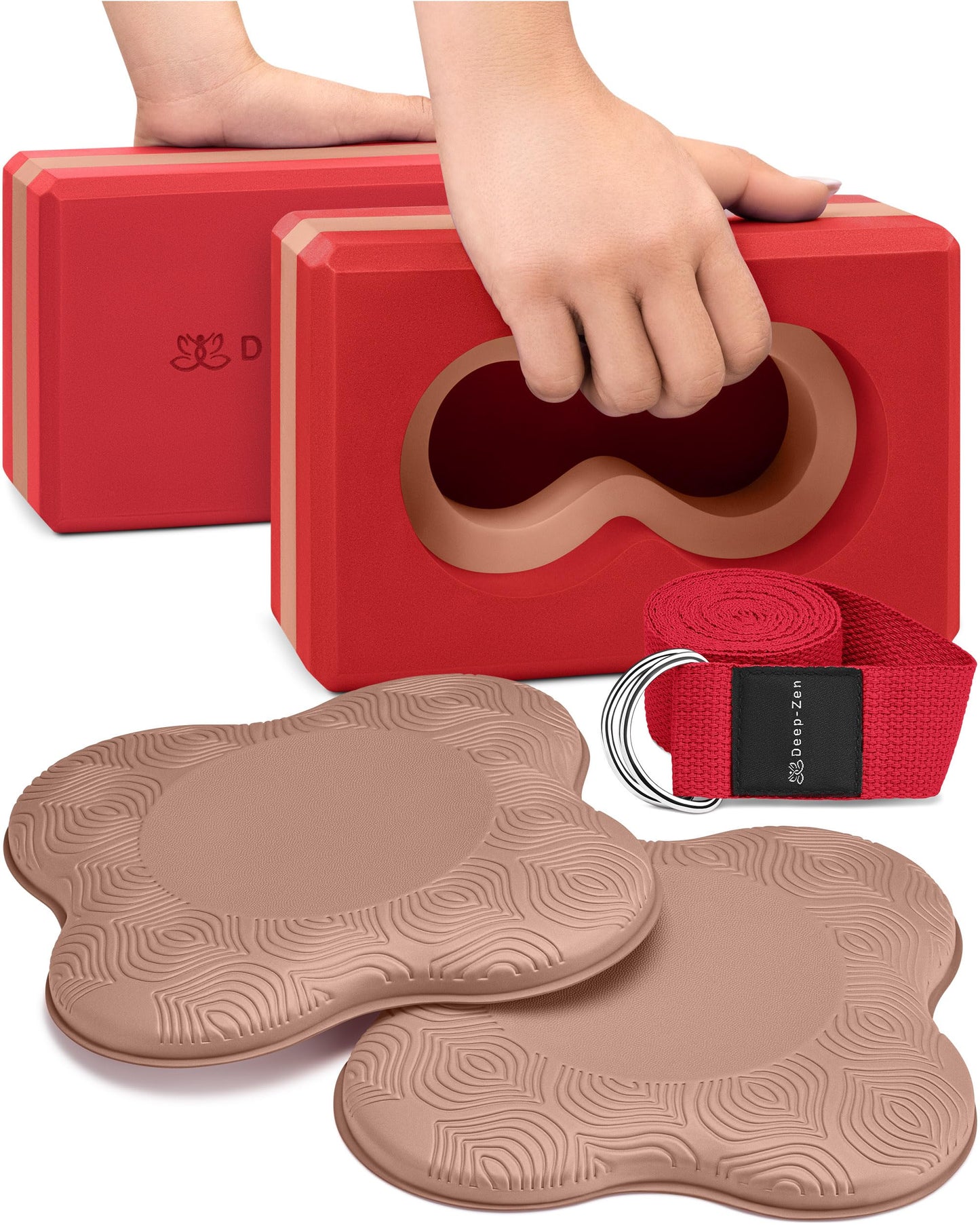 Deep-Zen® Yoga Blocks Wrist Support; Yoga Blocks 2 Pack with Knee Pads and Strap to Put Less Weight on Wrists; Durable, Versatile Yoga Brick Exercise Block Set, Blocks Yoga (Red)